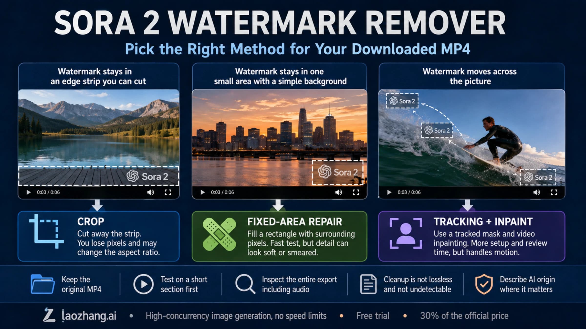 Illustrated comparison of cropping, fixed-area repair, and tracking a moving watermark in a downloaded MP4