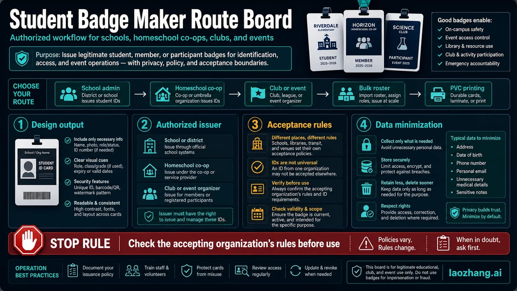 Decision board for choosing a legitimate student badge maker route with issuer, acceptance, and data-minimization boundaries.