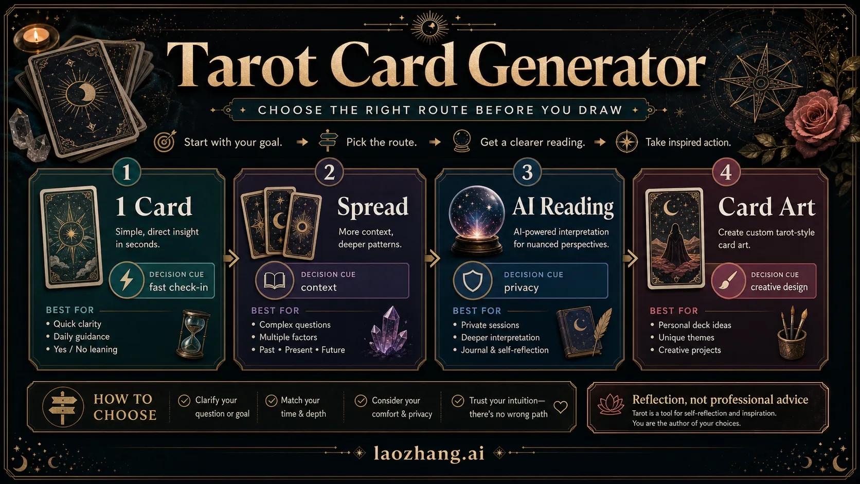 Route board for choosing a tarot card generator mode: one card, spread, AI reading, or card art.