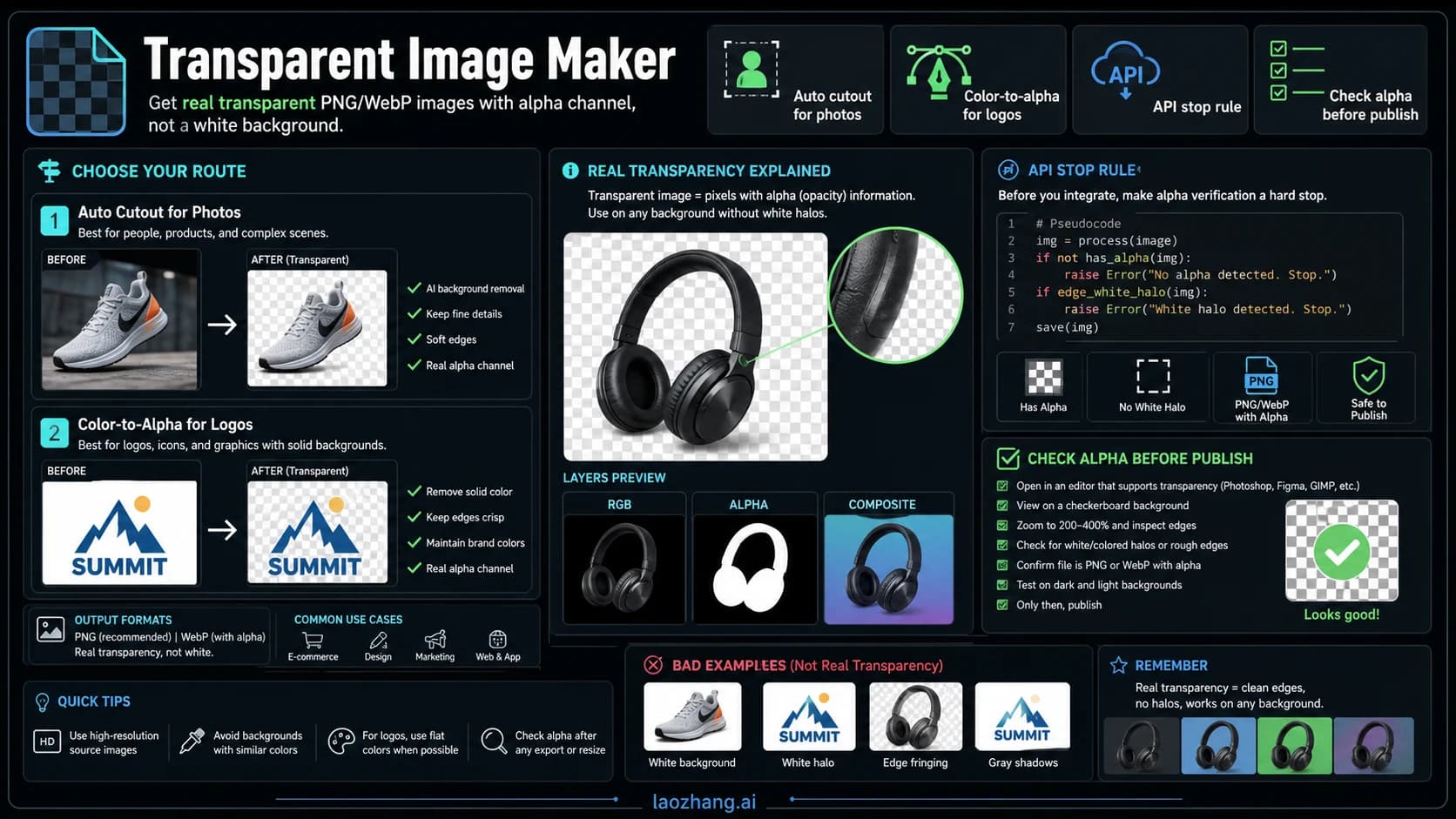 Transparent image maker route board for automatic cutout, manual alpha, API stop rules, edge repair, and PNG verification.