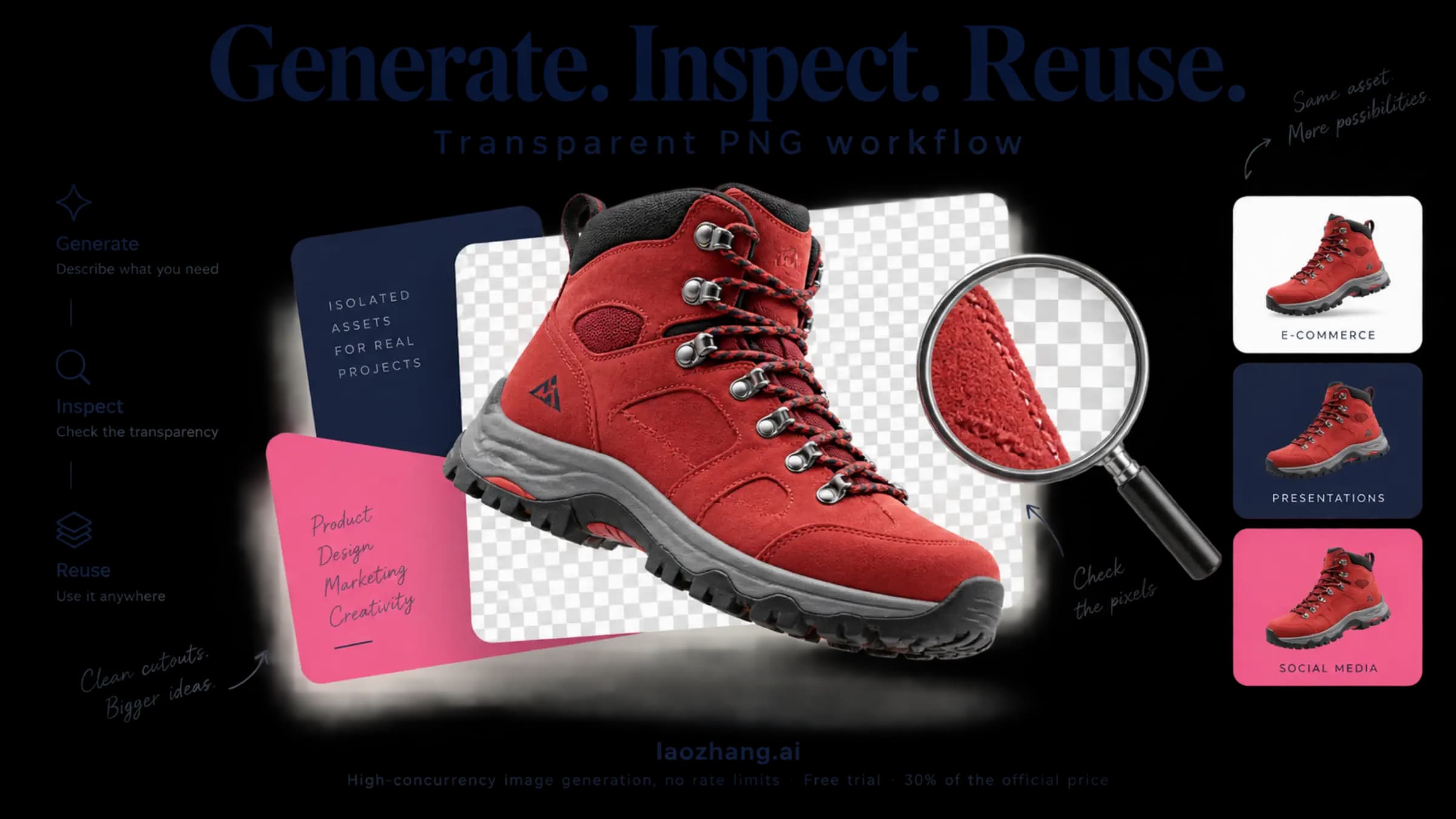 Concept illustration of a red hiking boot being inspected and reused on different backgrounds