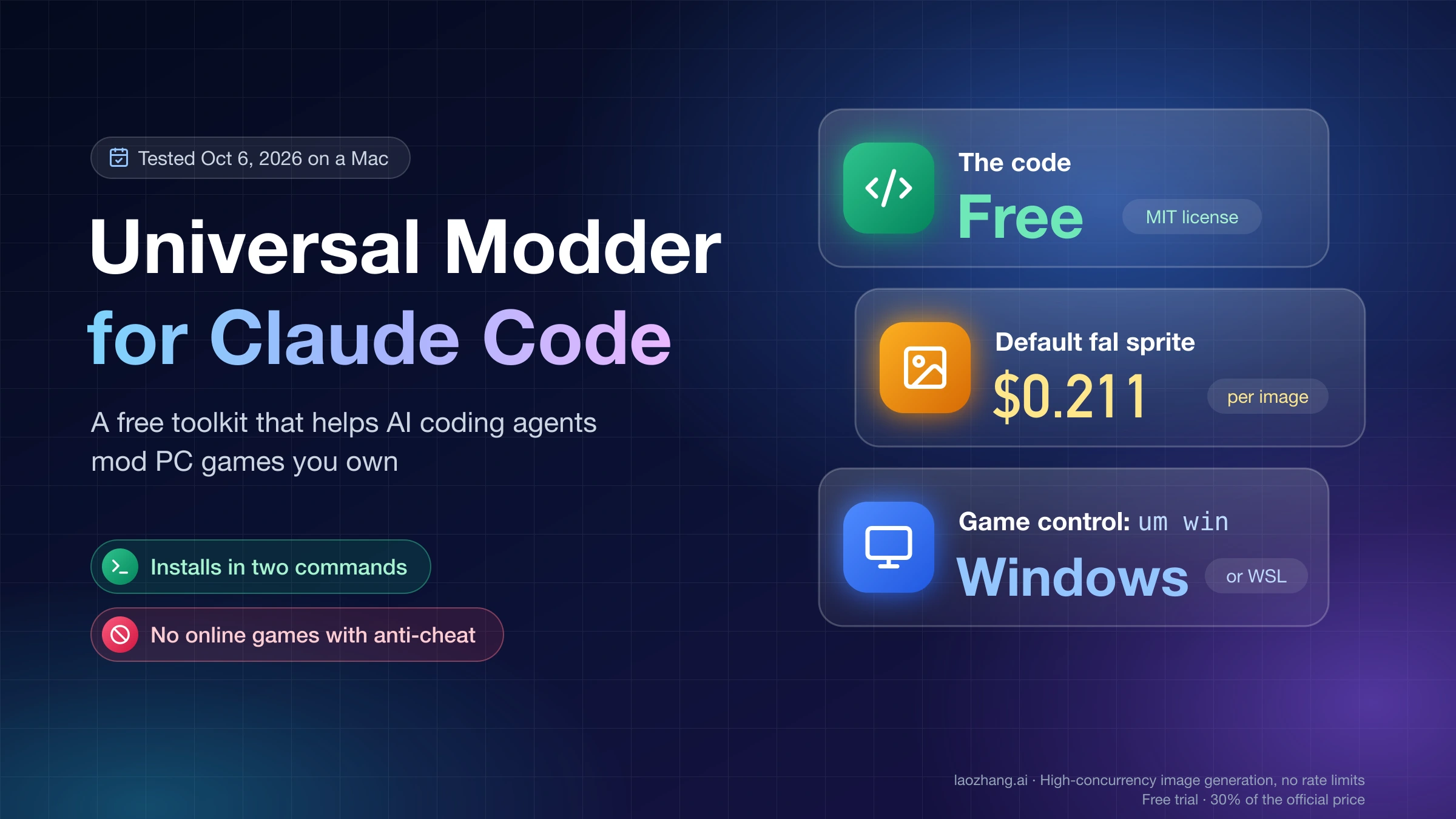 Universal Modder for Claude Code: free MIT-licensed code, $0.211 per default fal sprite, and game control on Windows or WSL