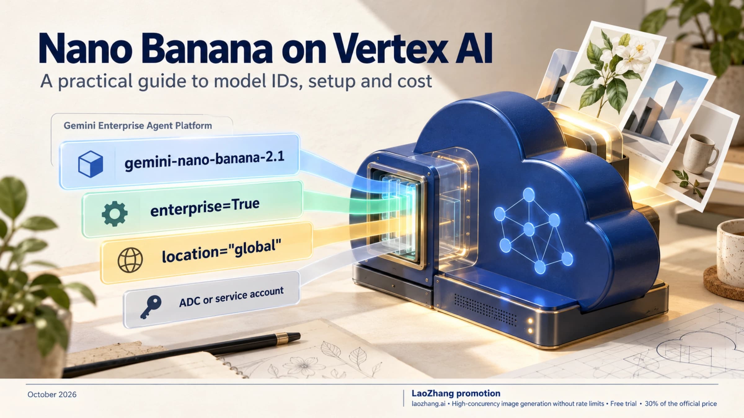 Vertex AI Nano Banana API cover showing the three changes that break 2025 code: preview model IDs to gemini-3.1-flash-image, vertexai=True to enterprise=True, and us-central1 to global