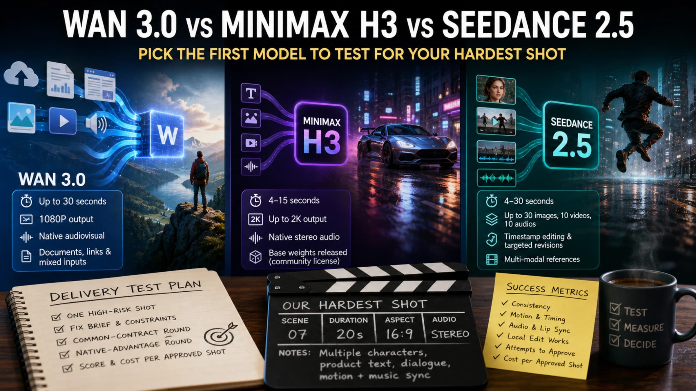 Delivery-first comparison cover for Wan 3.0, MiniMax H3, and Seedance 2.5