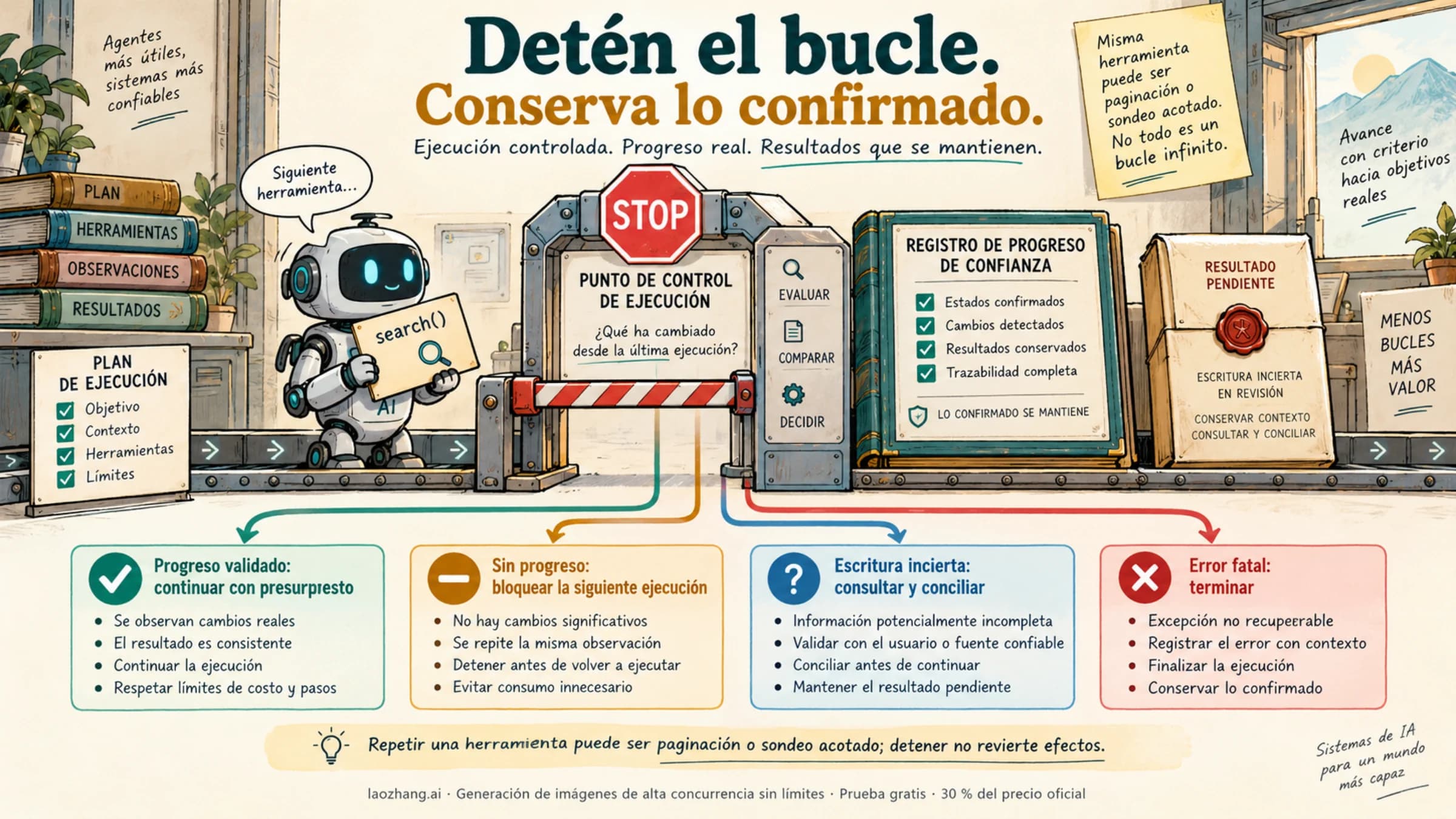 Control previo de nuevas ejecuciones del agente, progreso validado y reconciliación de escrituras inciertas