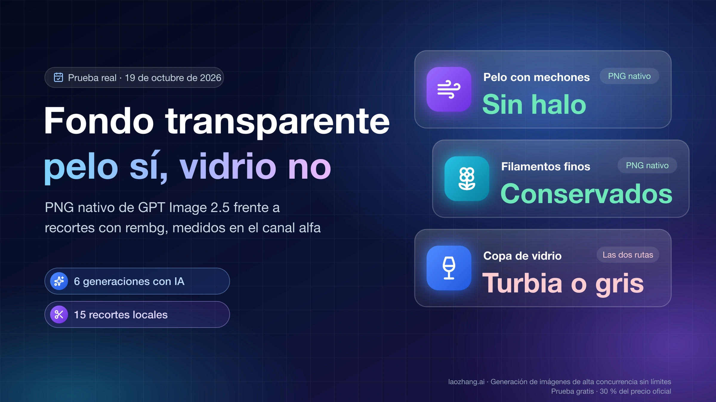 Resultados de la prueba de fondo transparente con IA: el PNG nativo dejó el pelo sin halo y conservó los filamentos finos, mientras que la copa de vidrio quedó turbia o gris con las dos rutas