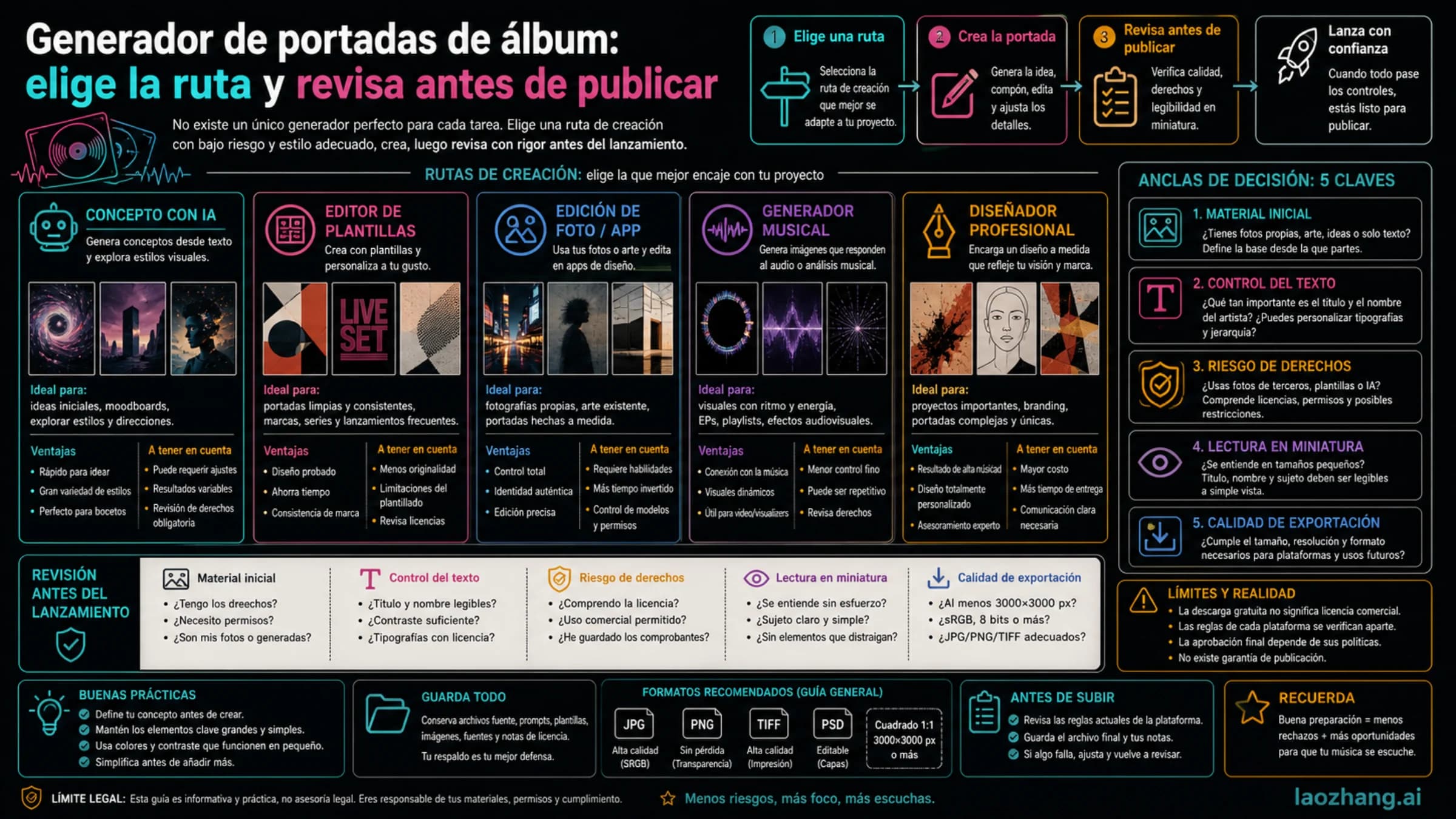 Tablero de rutas para crear portadas de álbum con IA, plantillas, fotos, herramientas musicales o diseñador