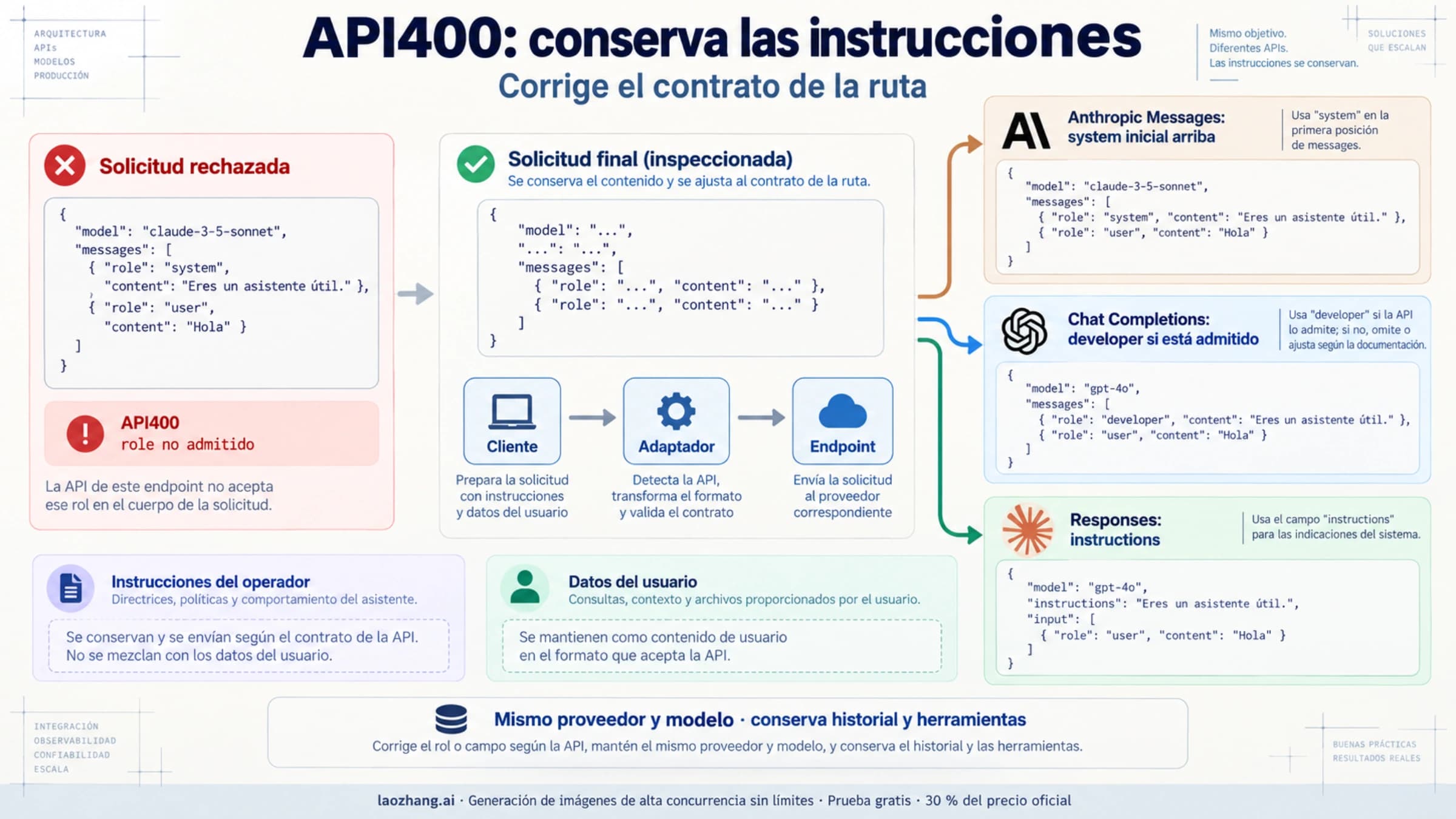 Error API 400 por rol no admitido: revisar la solicitud final y conservar la prioridad de las instrucciones