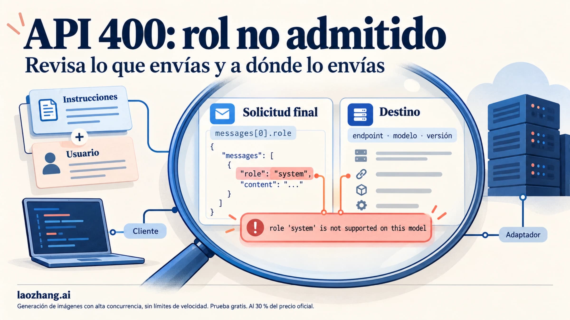 Ilustración del error API 400 por rol no admitido, con una lupa sobre la solicitud final y el destino de la API.