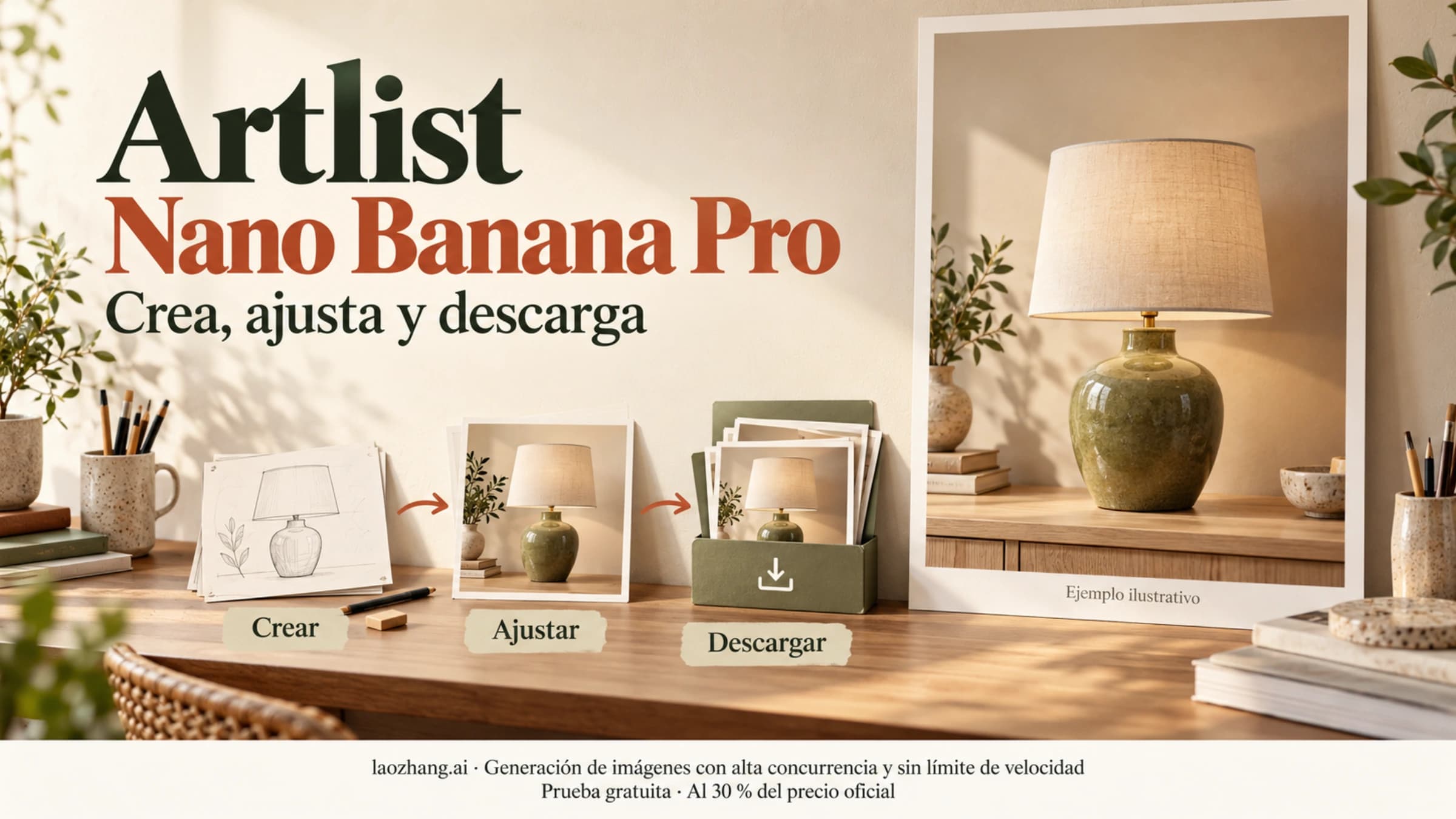 Ilustración de una lámpara de cerámica y del recorrido de crear, ajustar y descargar una imagen con Nano Banana Pro en Artlist