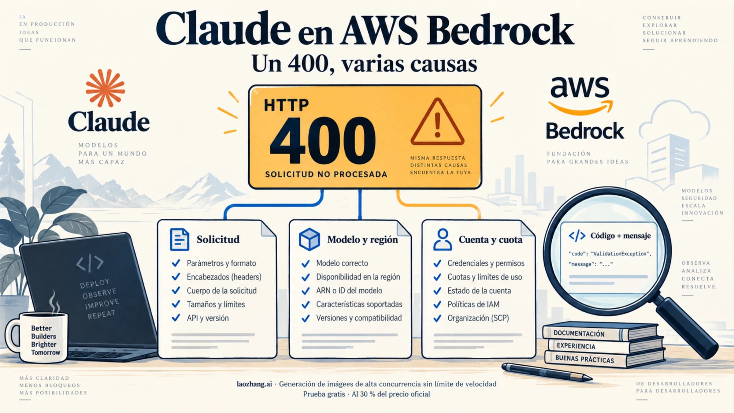 Diagnóstico del error 400 de Claude en AWS Bedrock mediante el código, el mensaje y la configuración de la solicitud