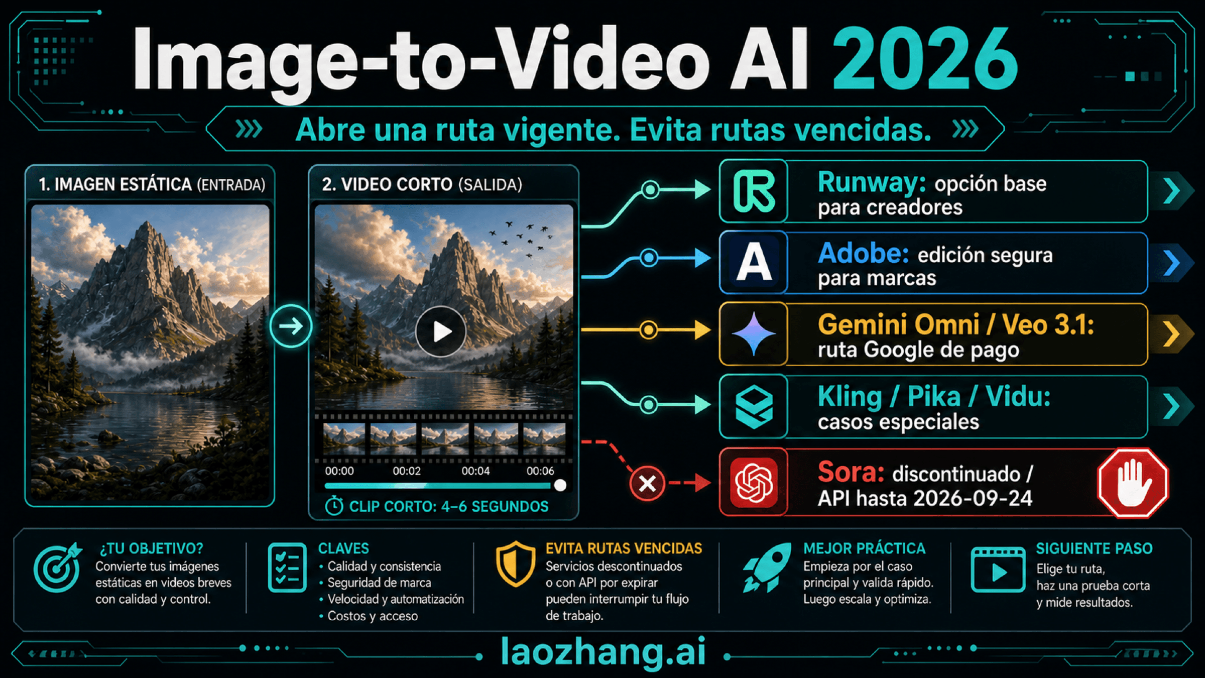 Tablero técnico con rutas de IA de imagen a vídeo y aviso de cierre de Sora