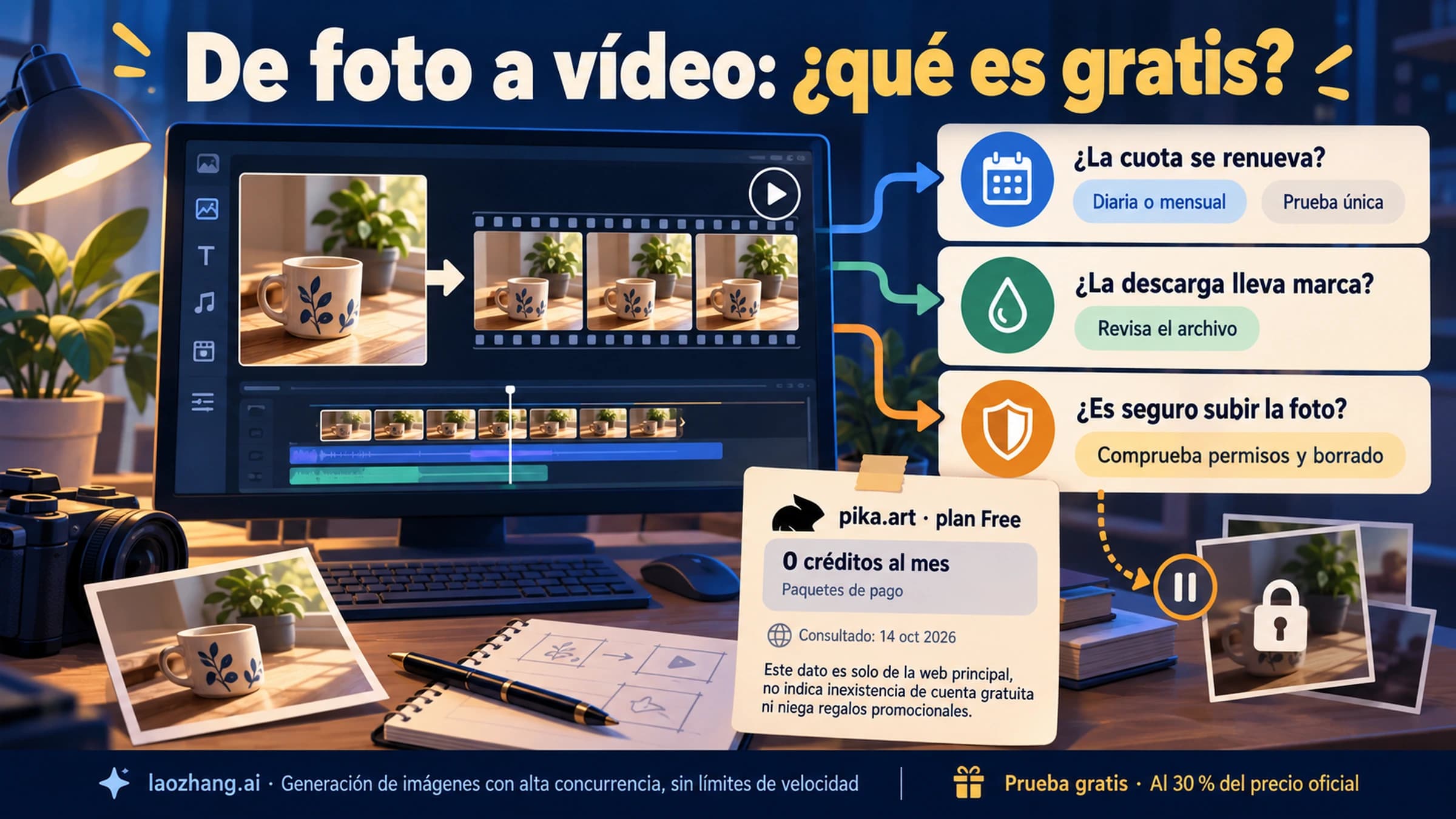 Panel de decisión para elegir IA gratis de foto a video por créditos, marca de agua y riesgo de subida