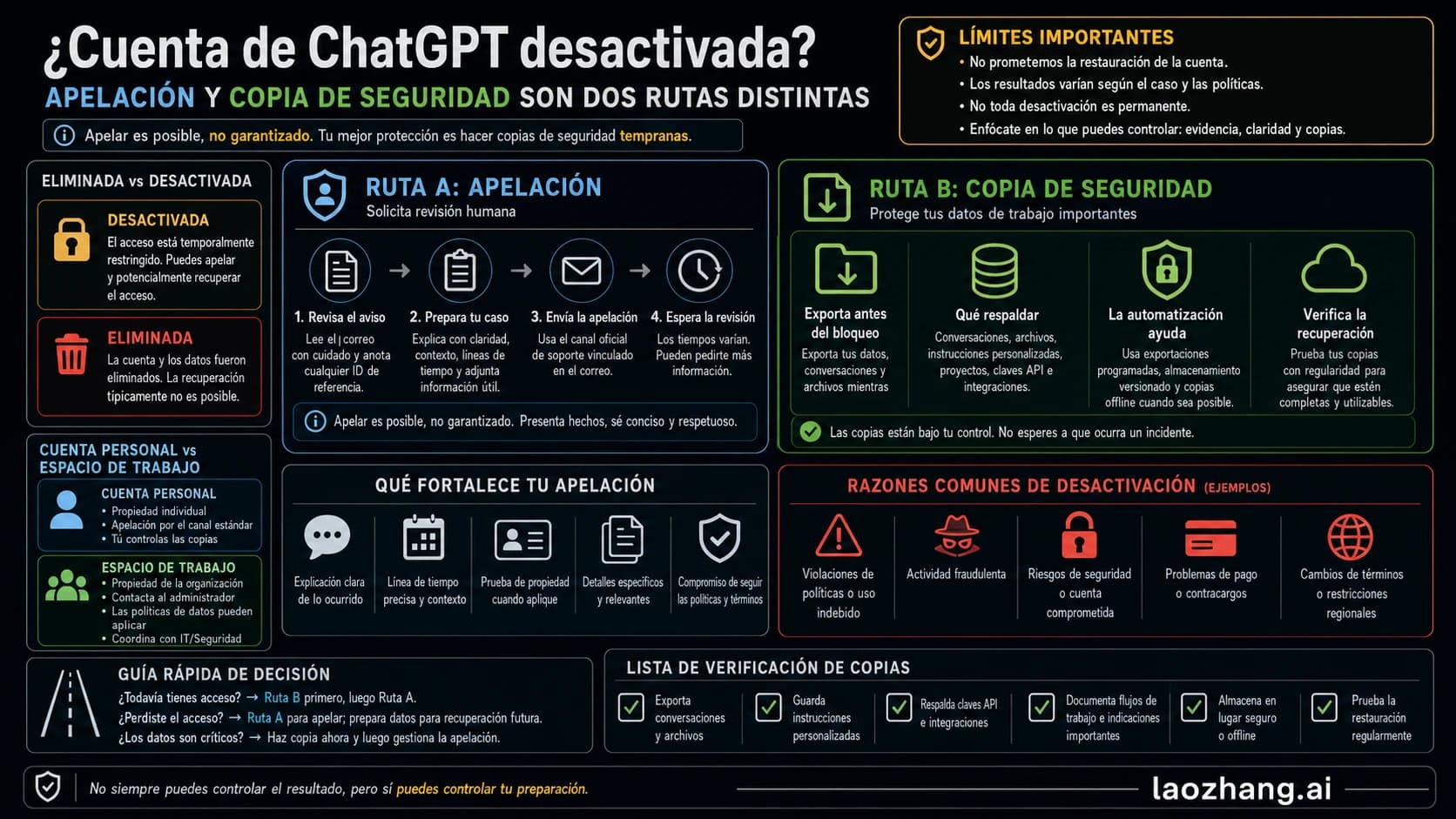 Mapa de apelacion y copia de seguridad ante una cuenta de ChatGPT desactivada