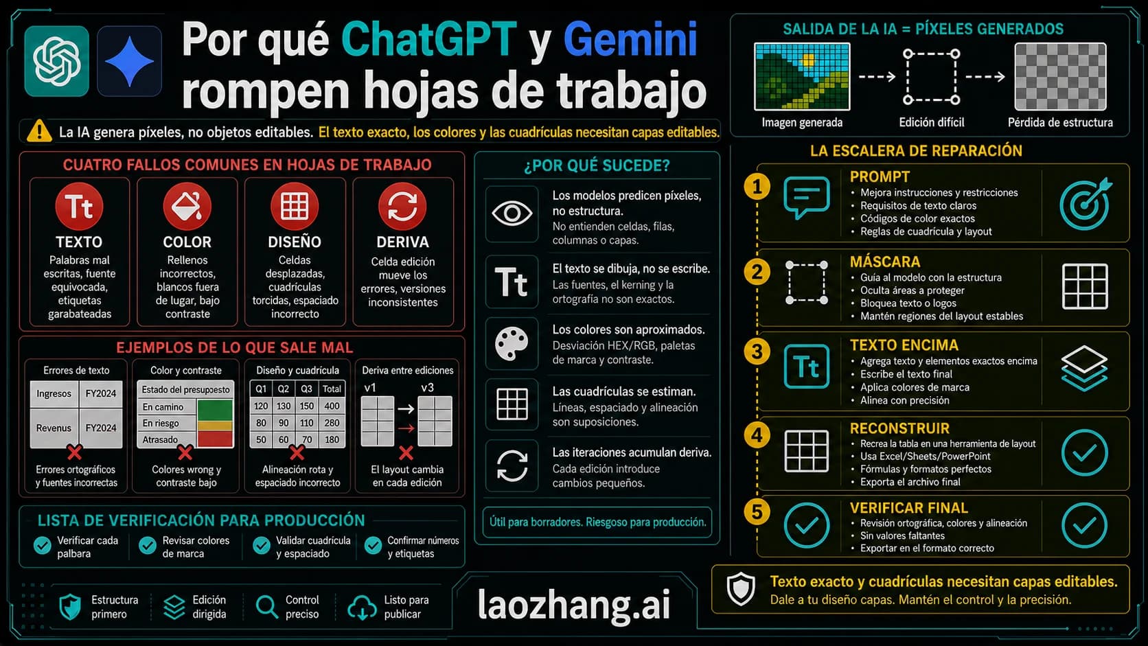 Por qué la generación de imágenes de ChatGPT y Gemini rompe texto, colores y diseños de hojas de trabajo.