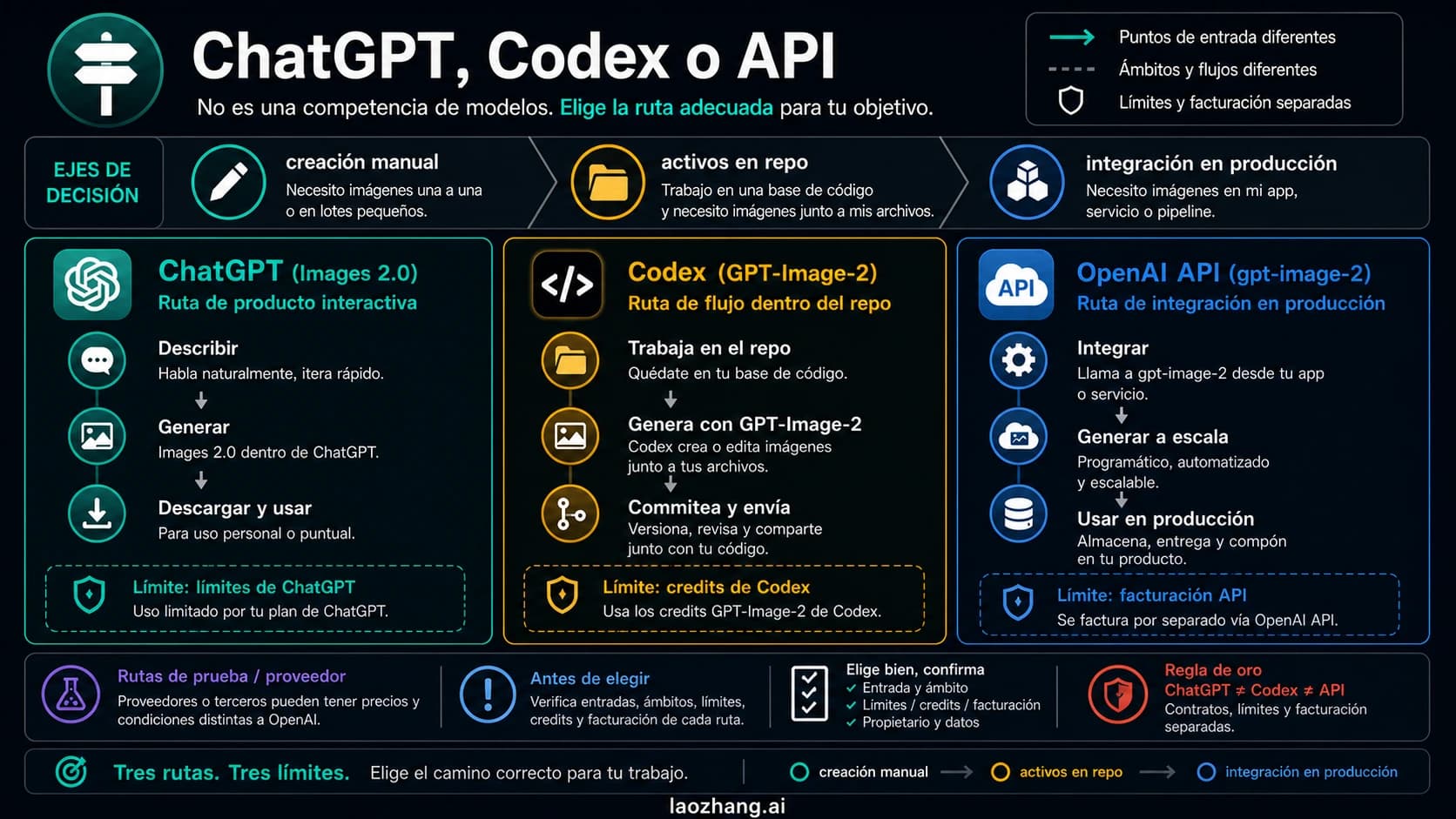 Panel comparativo de tres rutas GPT Image 2: ChatGPT, Codex y OpenAI API