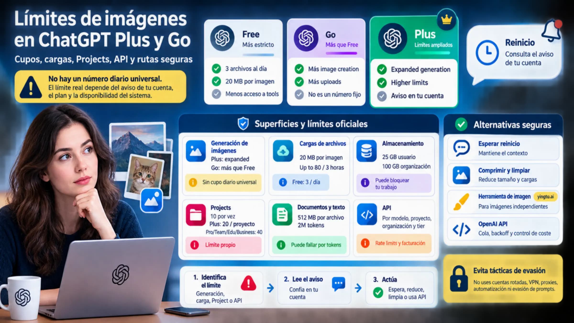 Panel técnico que compara límites de imágenes en ChatGPT Plus y Go con cargas oficiales, avisos de cuenta, API y alternativas seguras