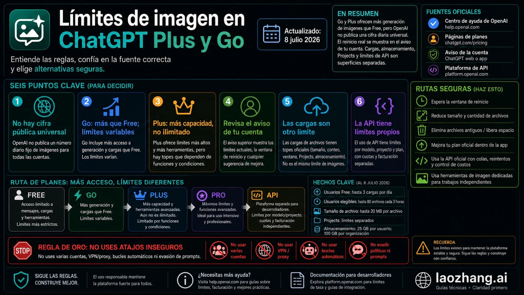 Panel técnico que compara límites de imágenes en ChatGPT Plus y Go con cargas oficiales, avisos de cuenta, API y alternativas seguras