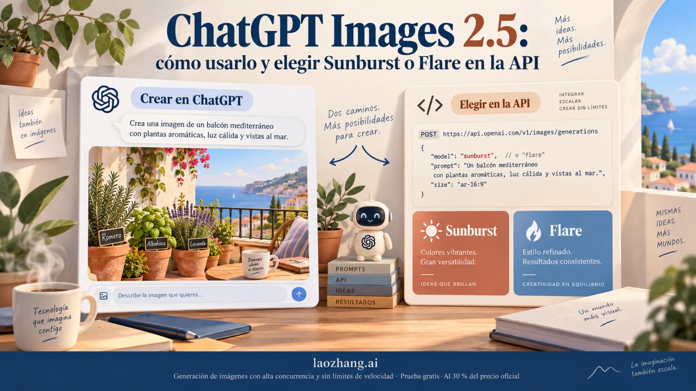 Una conversación de ChatGPT junto a una solicitud a la API con tarjetas de Sunburst y Flare