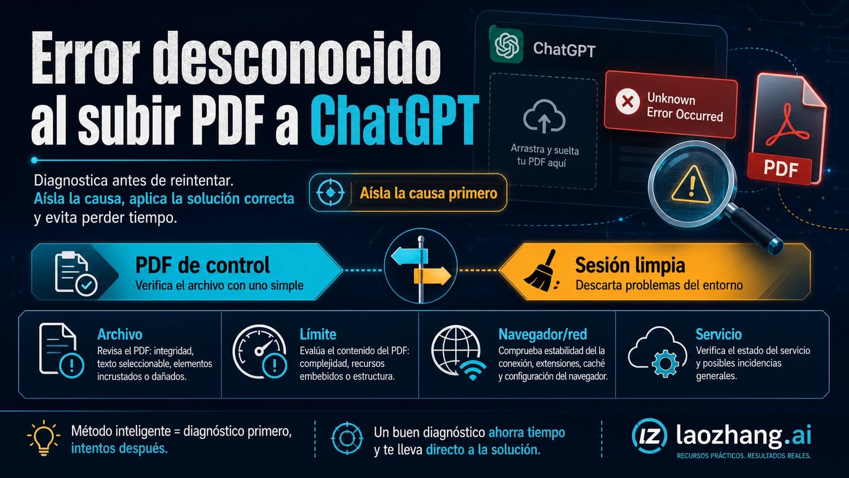 Diagnóstico del error desconocido al subir PDF a ChatGPT con un PDF de control y una sesión limpia