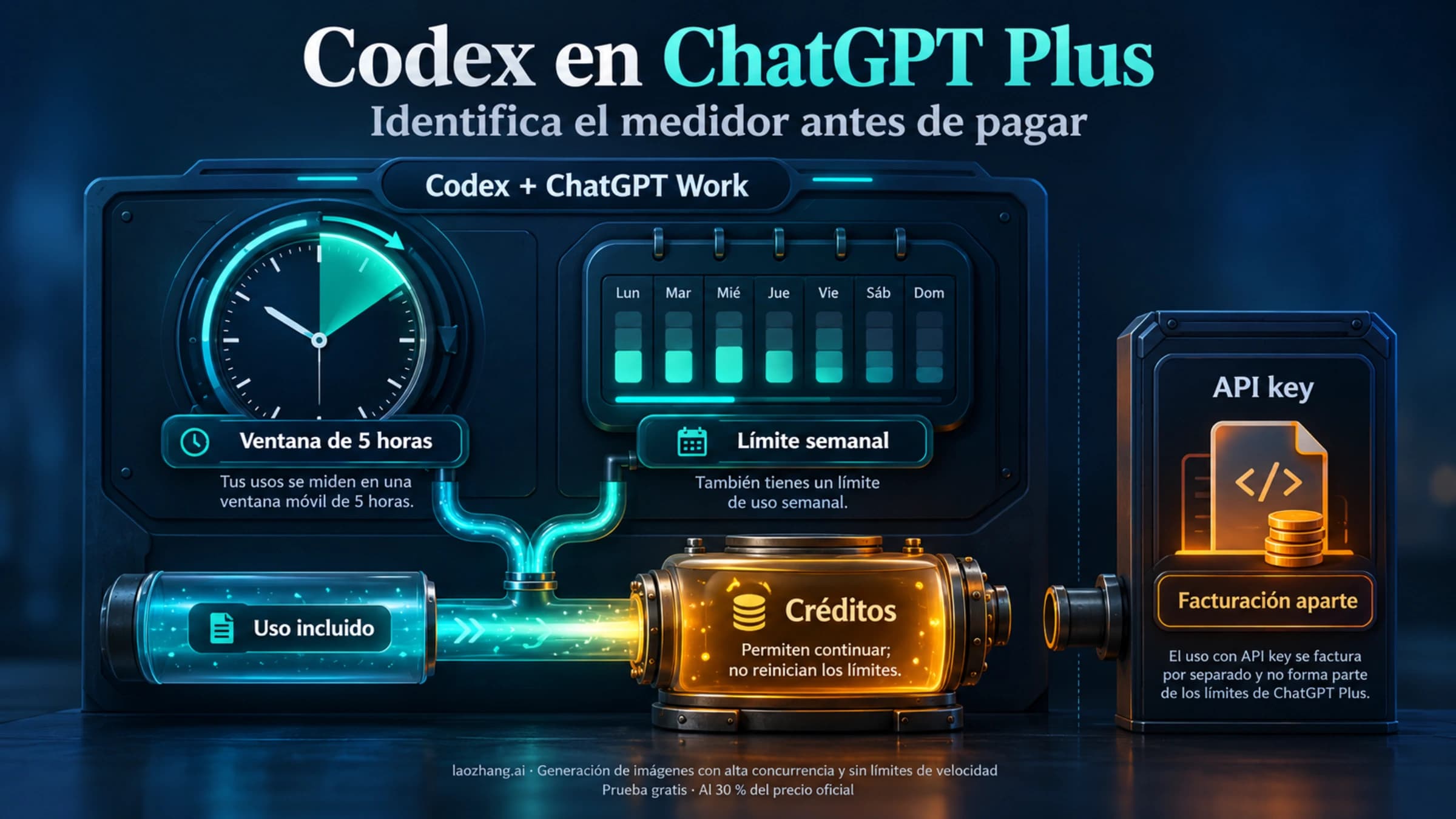Tablero de límites de ChatGPT Plus Codex con ventana activa, capa semanal, créditos y facturación API key