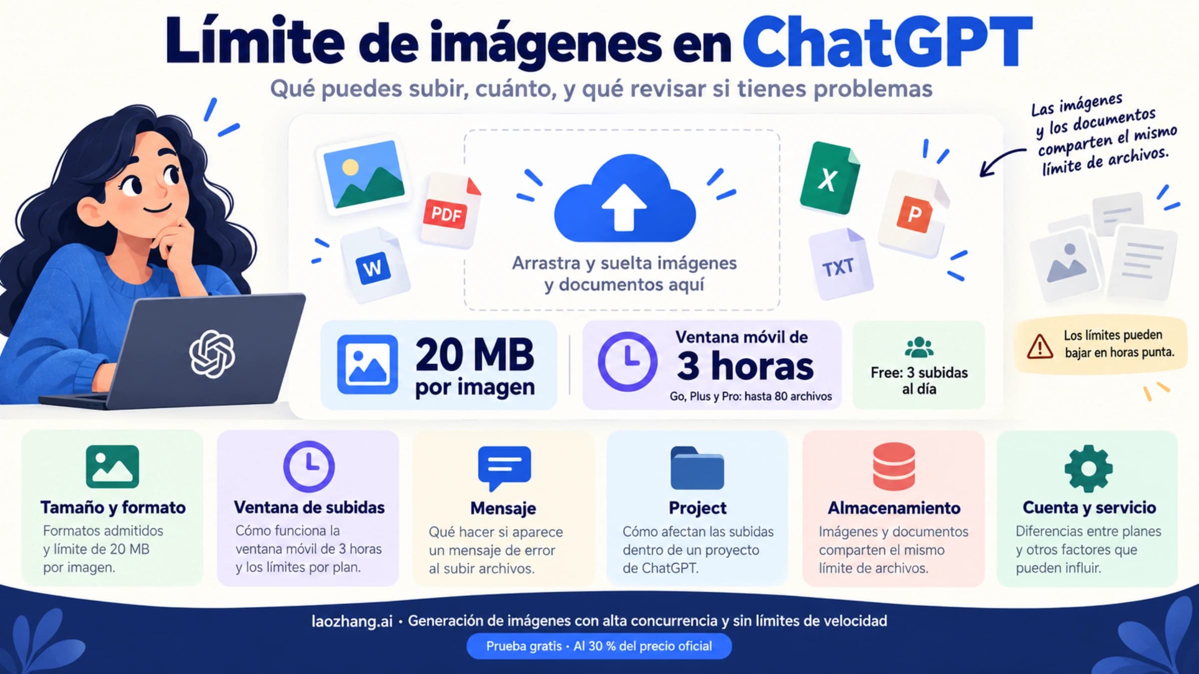 Panel en español del límite de imágenes de ChatGPT Plus con 20 MB, ventana de 3 horas y seis posibles causas