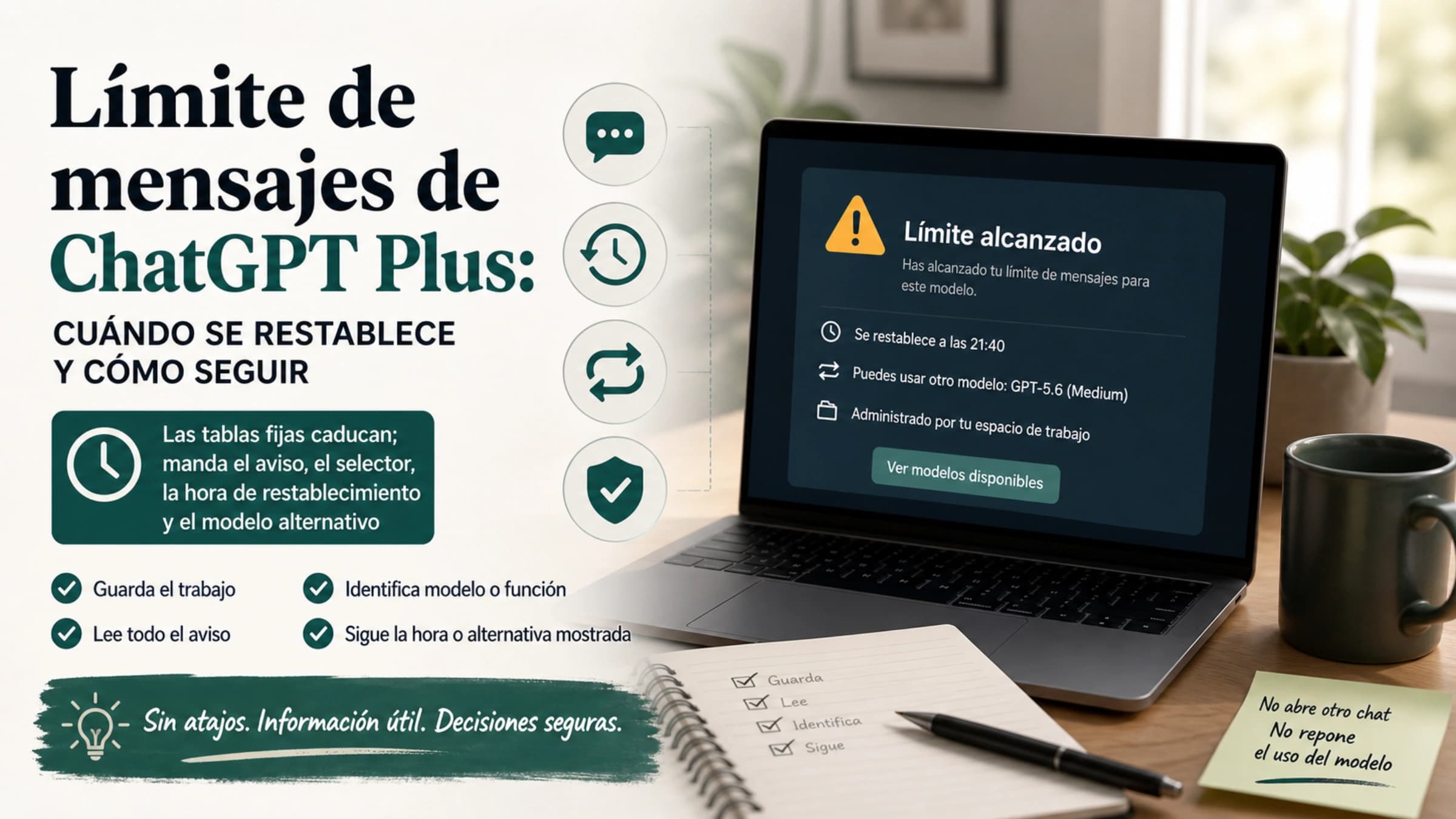 Guía para interpretar un límite de ChatGPT Plus, su restablecimiento y la recuperación segura