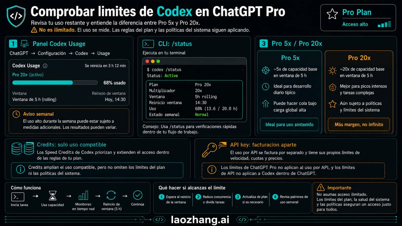 Panel técnico para comprobar reset de quota de Codex en ChatGPT Pro con Usage, /status, Pro 5x/20x, credits y API key