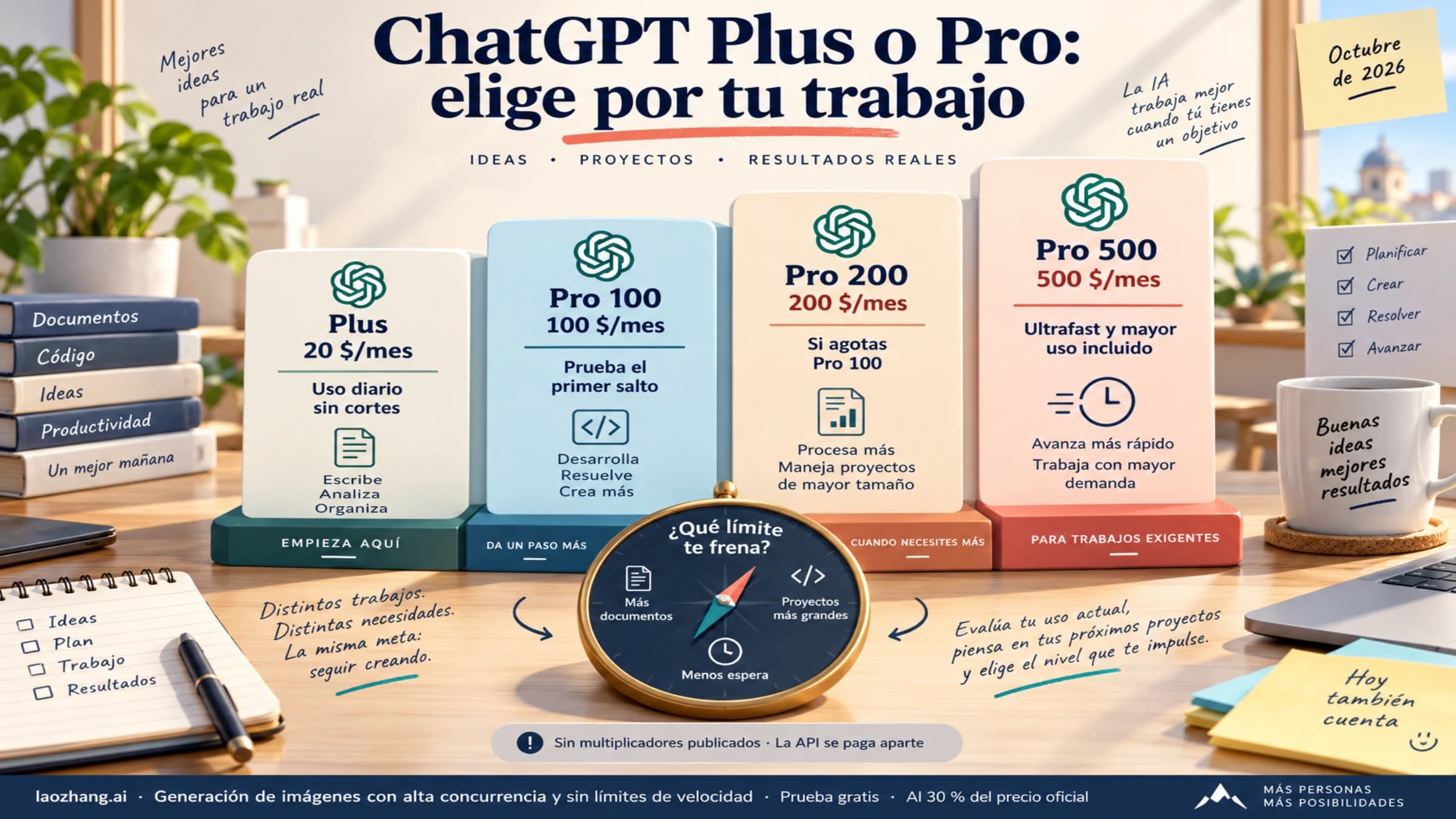 ChatGPT Plus y Pro 100, 200 y 500: elige el nivel que resuelve tu límite de trabajo, sin multiplicadores publicados.