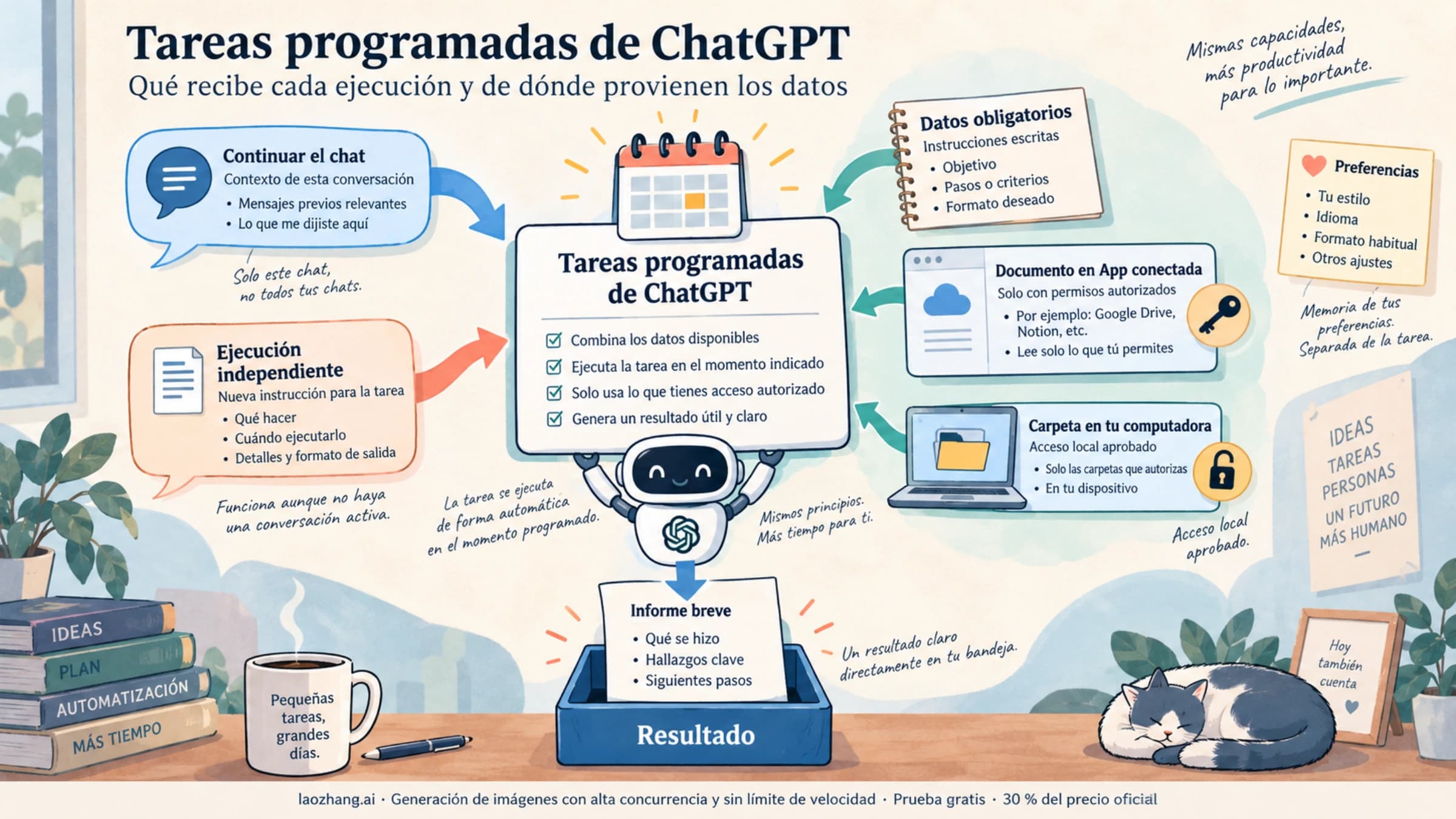 Ilustración de las dos modalidades de tareas programadas y sus instrucciones, fuentes conectadas y acceso local aprobado