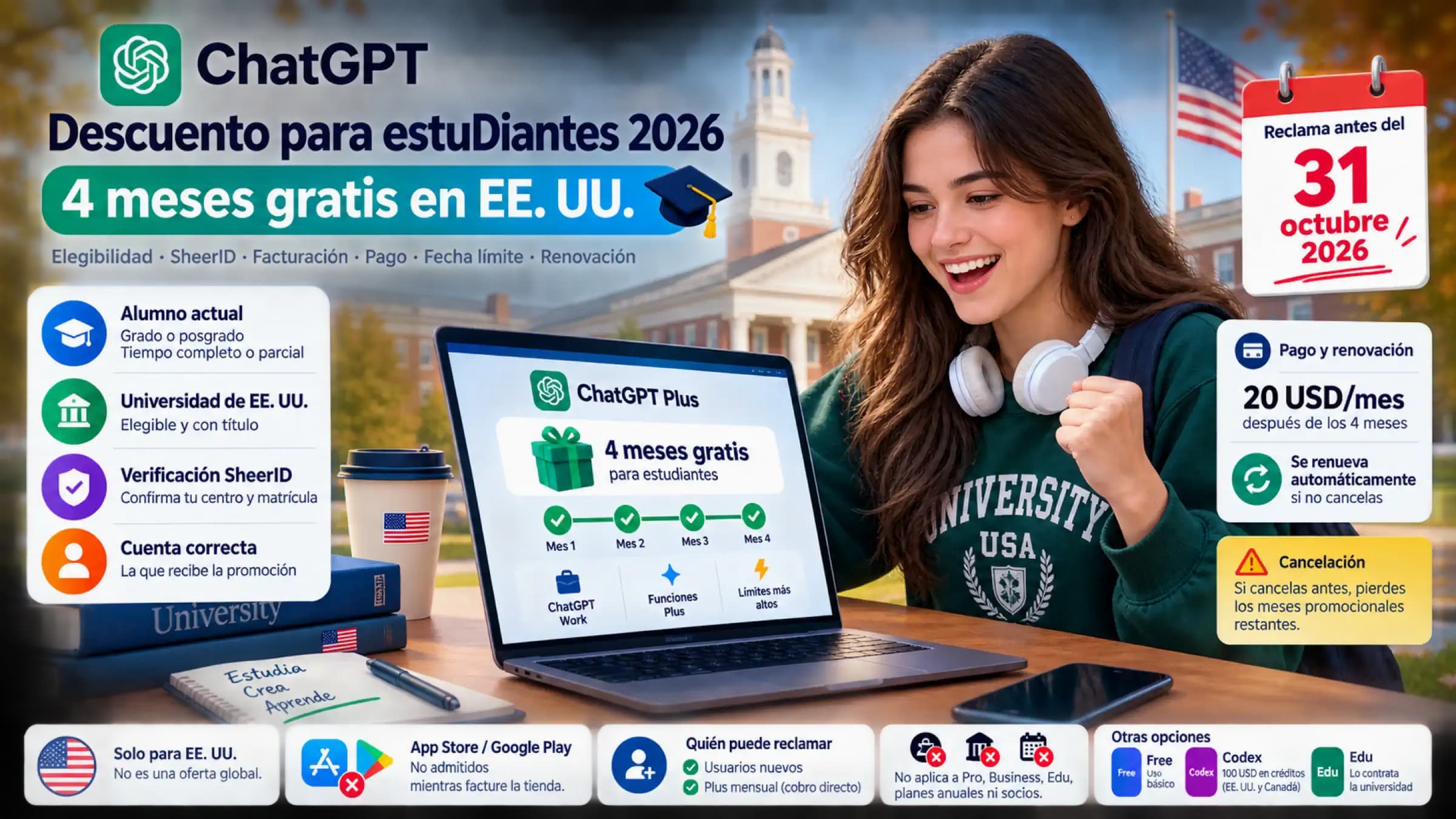 Guía de la oferta estudiantil de ChatGPT 2026 con requisitos de universidad, verificación, facturación y renovación