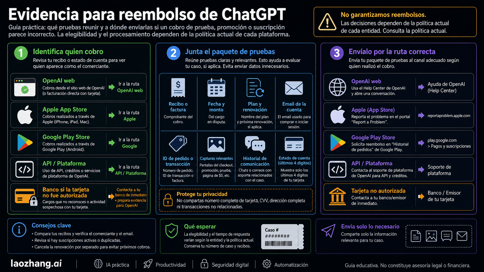Mapa de evidencia para reembolso de suscripción de ChatGPT con dueño del cobro, paquete de pruebas y ruta correcta.
