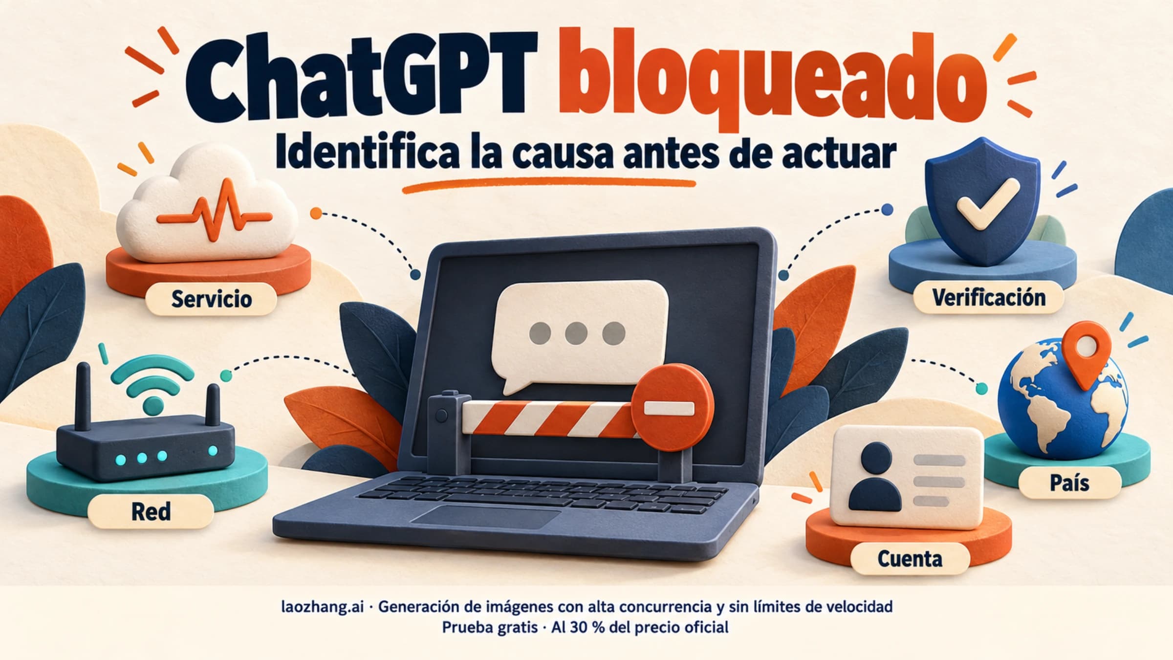 Ilustración conceptual de las causas de bloqueo de ChatGPT: servicio, red, verificación, país y cuenta