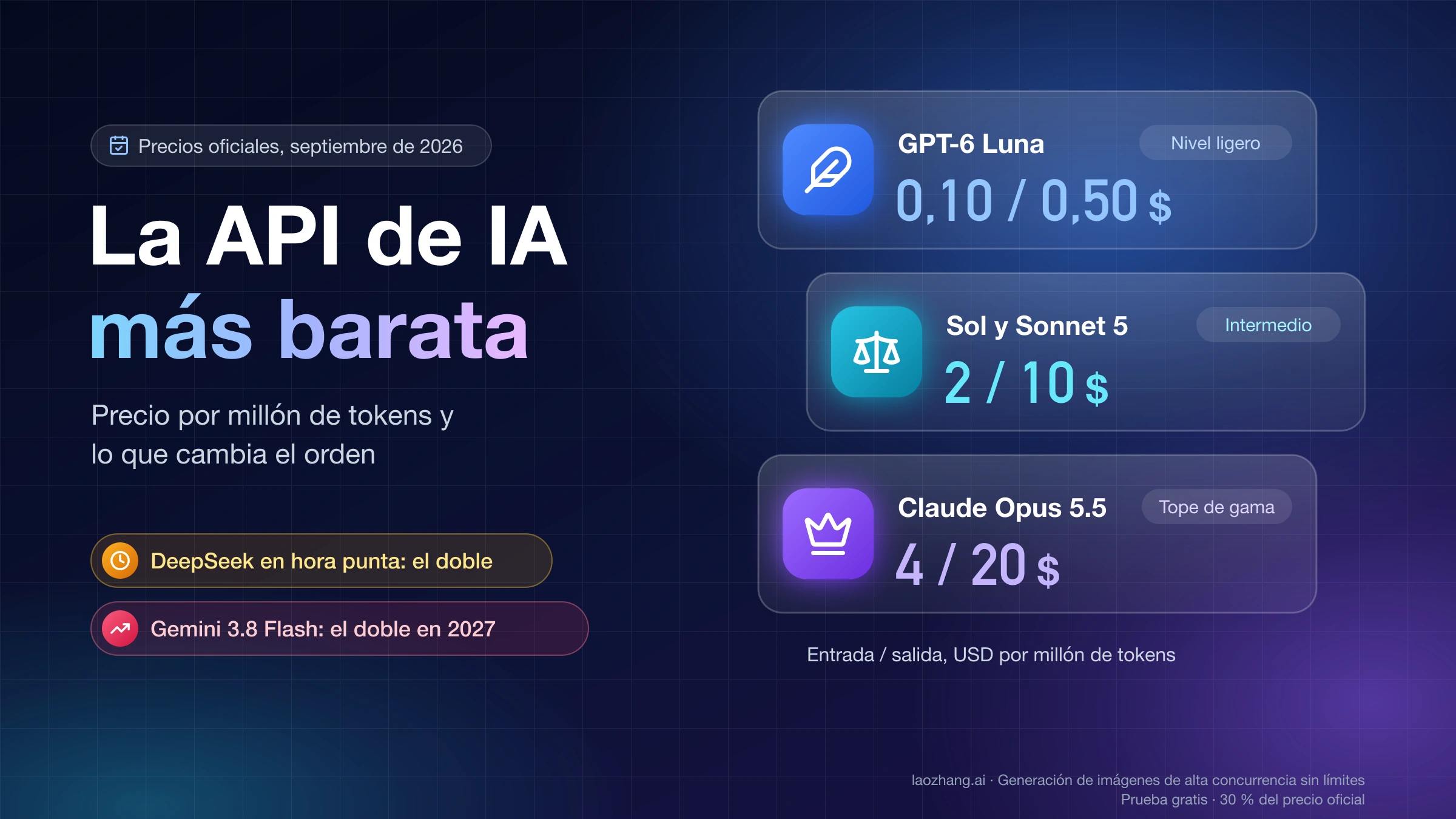 Precios por millón de tokens de entrada y salida: GPT-6 Luna 0,10 / 0,50 $, Sol y Sonnet 5 2 / 10 $ y Claude Opus 5.5 4 / 20 $