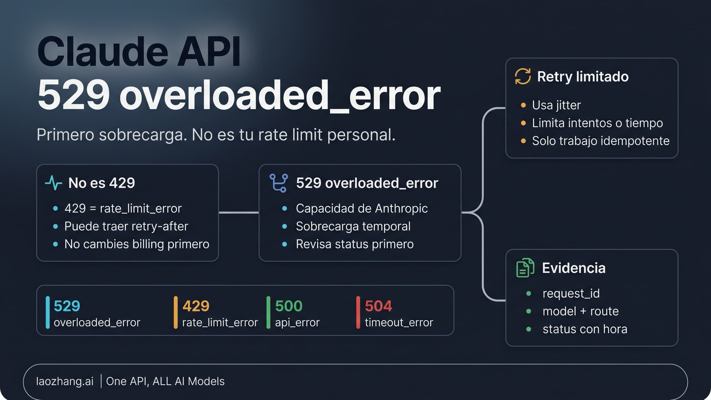 Tablero de recuperación para Claude API 529 overloaded_error con estado, retry limitado, reducción de presión y request_id