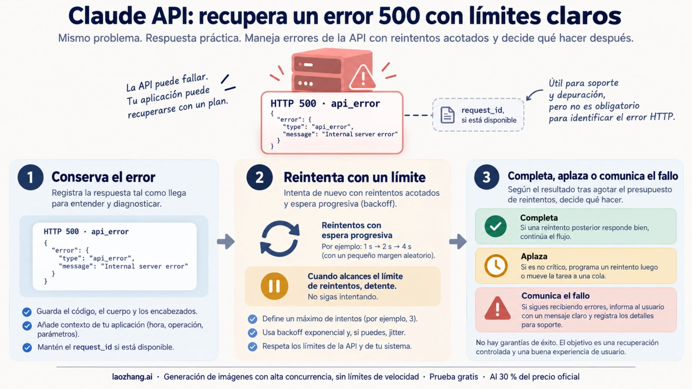Error 500 de Claude API con conservación de evidencia y reintentos limitados