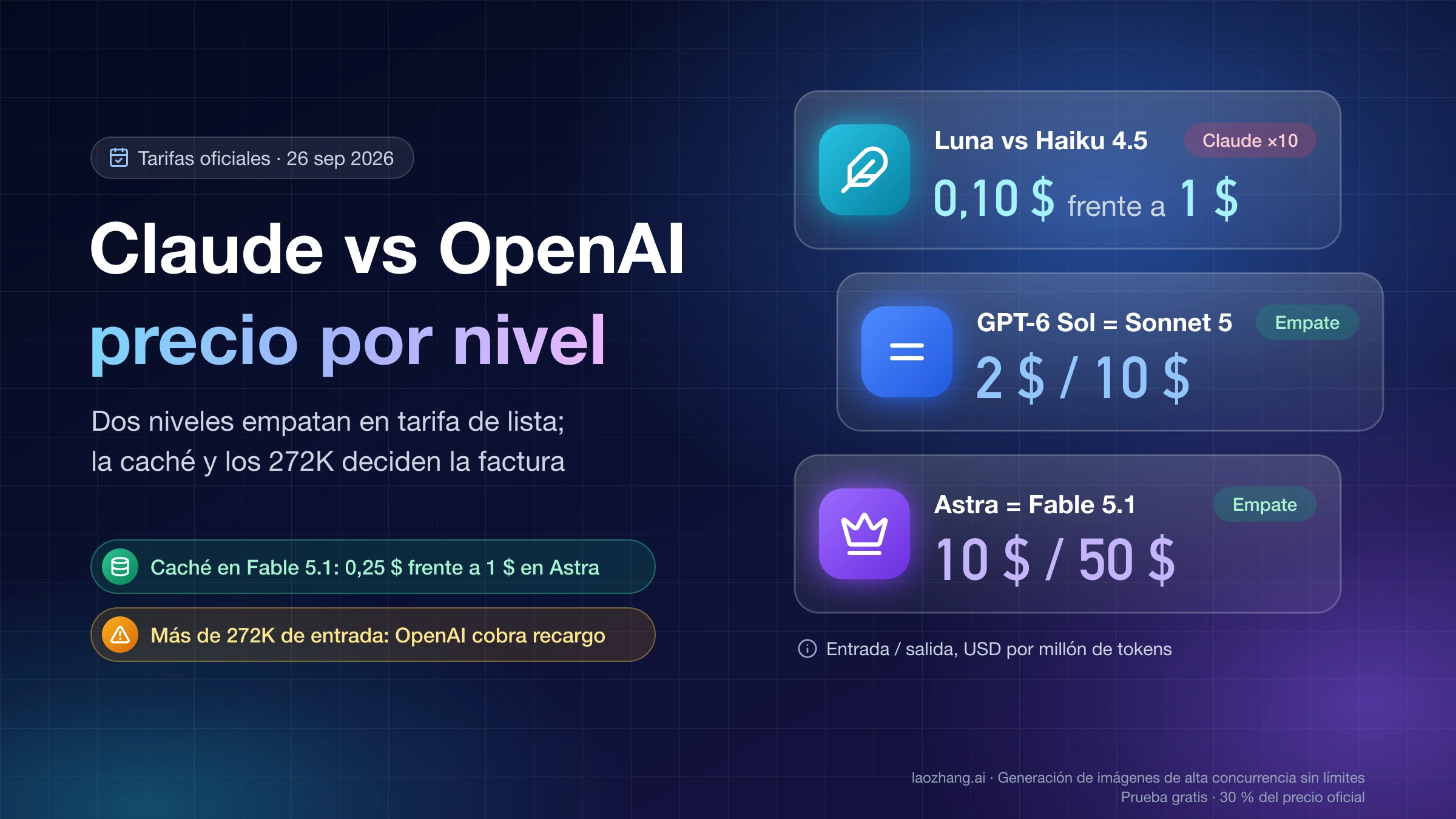 Precio por nivel de la API de Claude y de OpenAI: GPT-6 Sol y Sonnet 5 empatan a 2 $ y 10 $, Astra y Fable 5.1 a 10 $ y 50 $, y Luna cuesta 0,10 $ frente a 1 $ de Haiku 4.5
