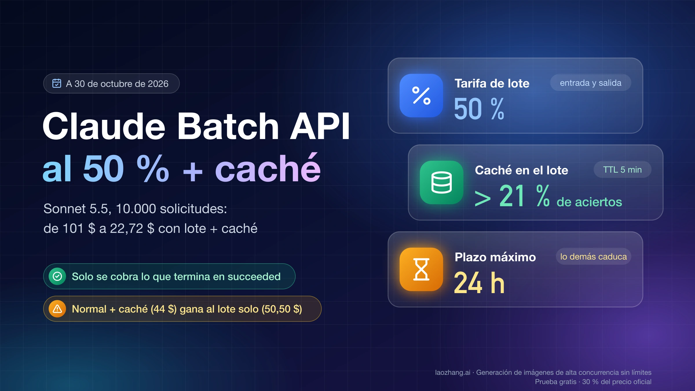 Claude Batch API: tarifa de lote al 50 %, caché en el lote rentable desde un 21 % de aciertos y plazo máximo de 24 horas