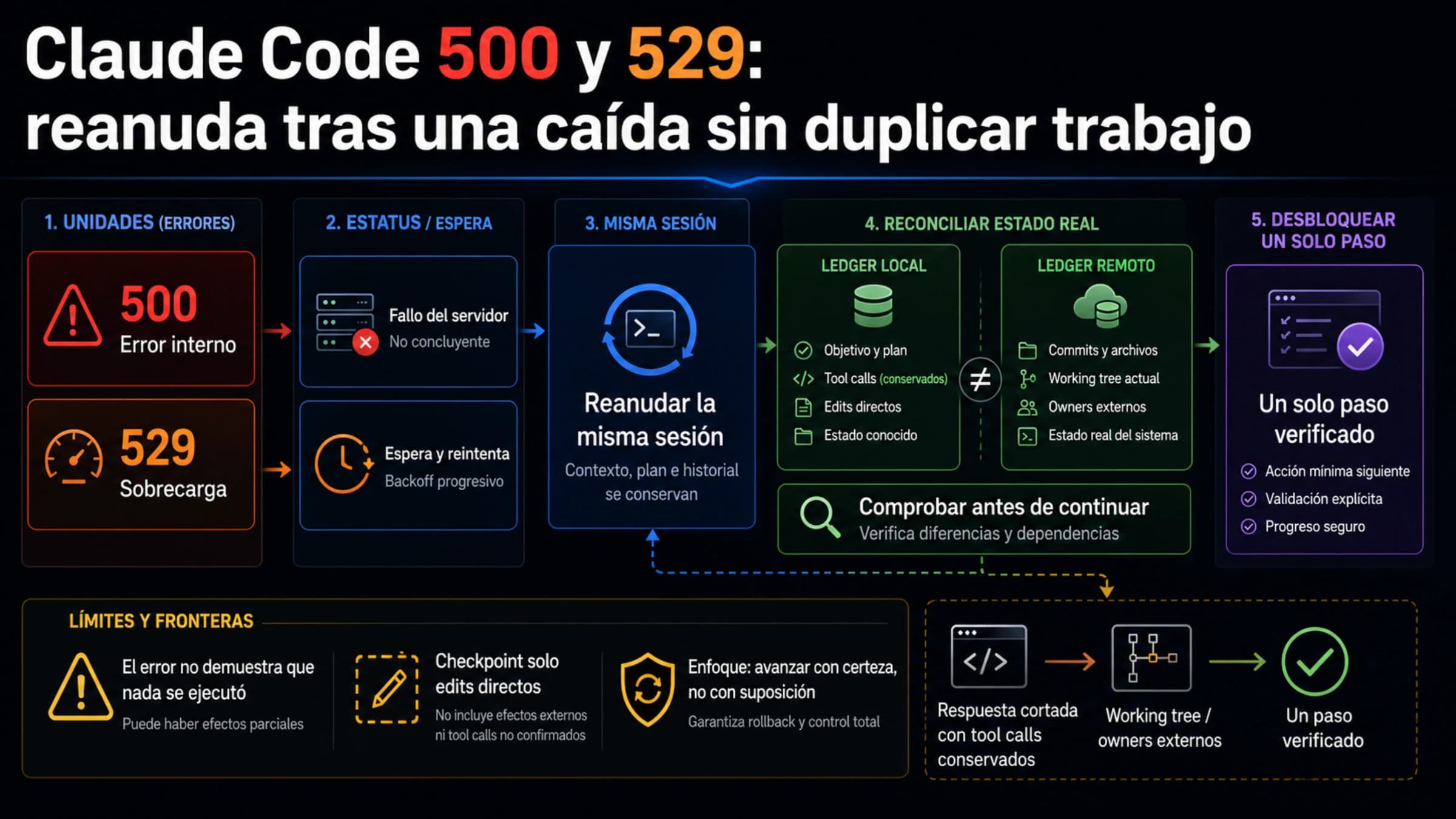 Ruta de recuperación de Claude Code desde 500 o 529 hasta reconciliar el estado y reanudar con seguridad