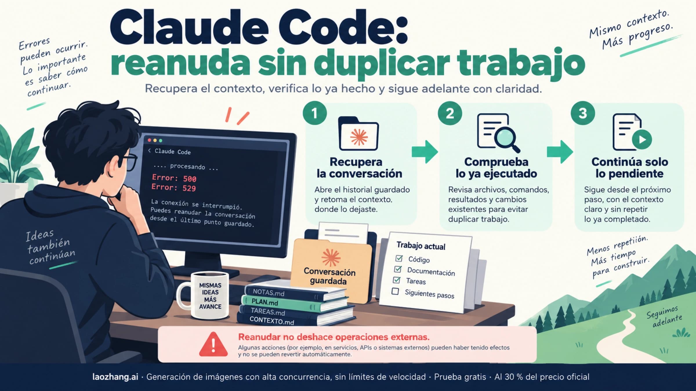 Recuperar la conversación de Claude Code, comprobar resultados y continuar solo lo pendiente