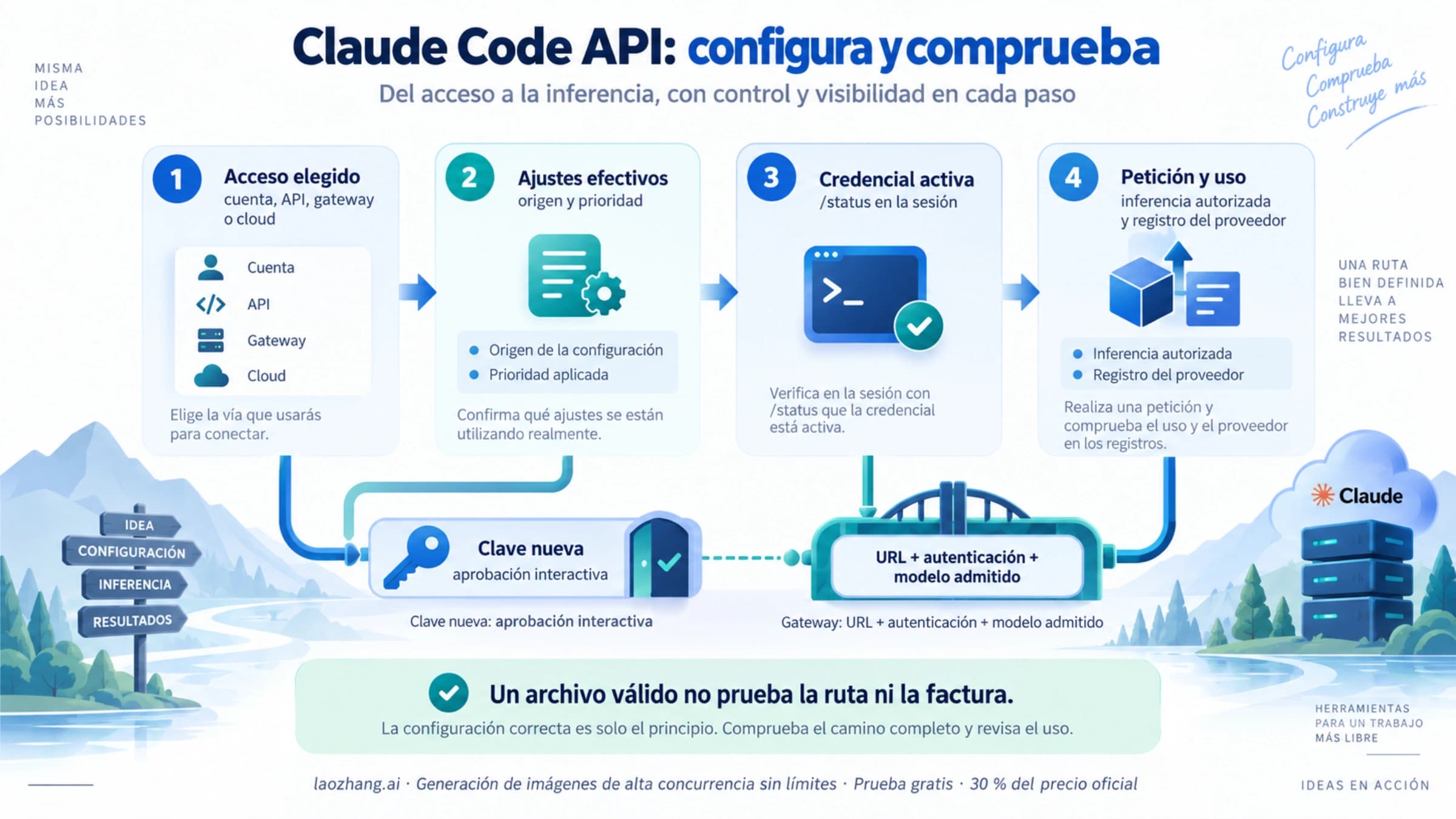 Configuración de Claude Code por acceso, ajustes cargados, credencial activa y comprobación del uso