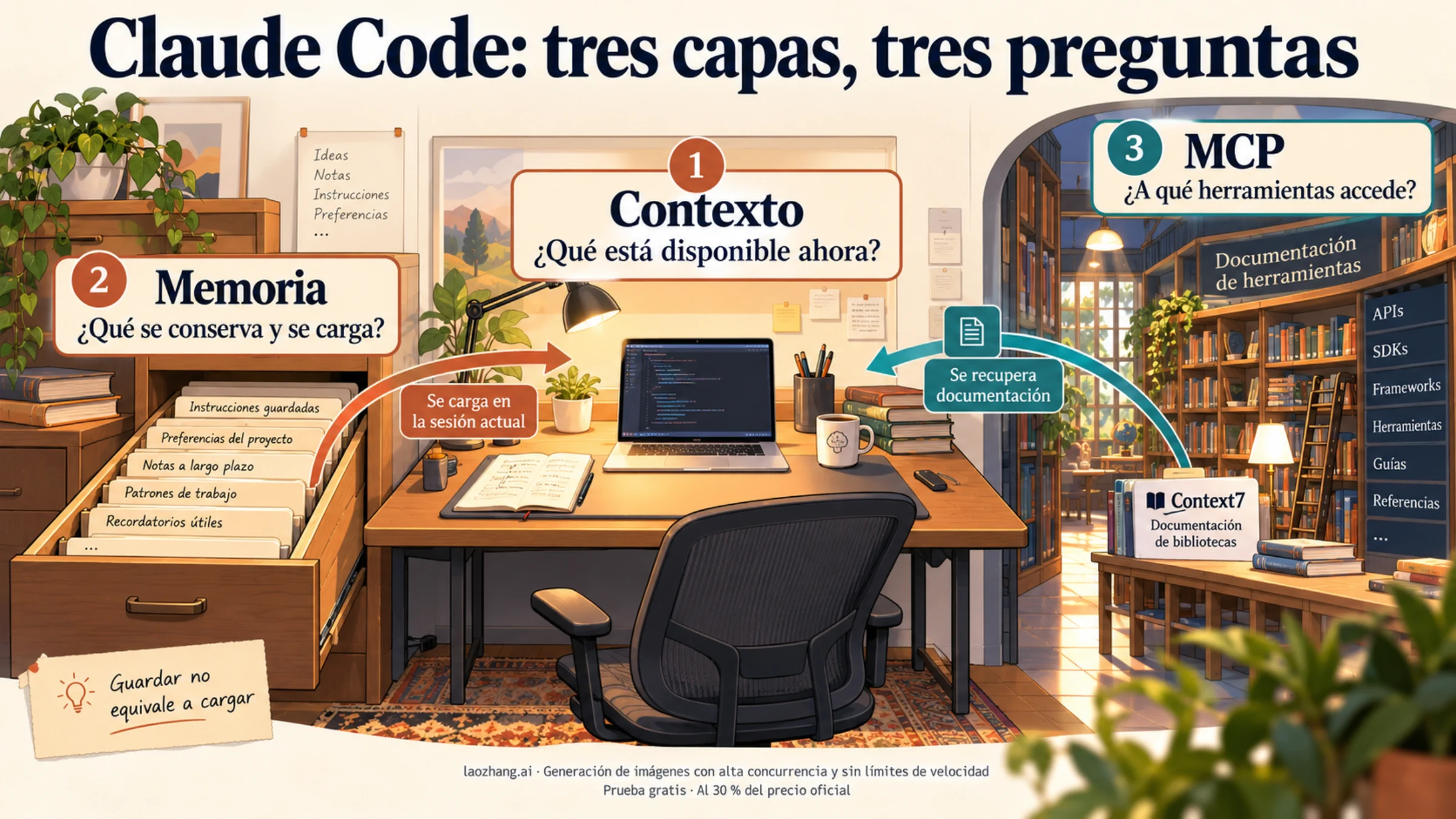 Esquema para distinguir contexto, memoria e integración MCP en Claude Code.