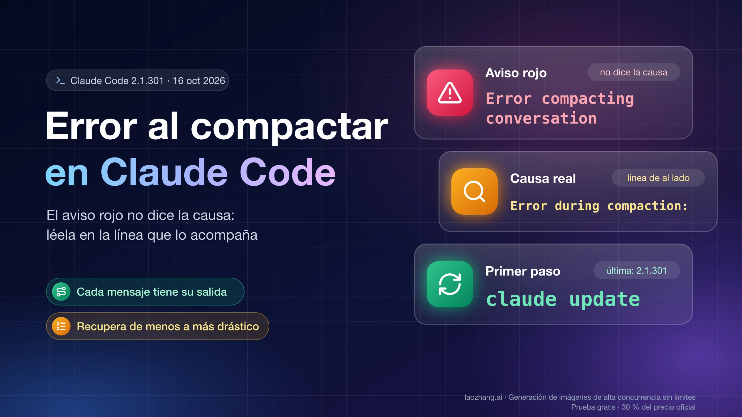 Error al compactar en Claude Code: el aviso rojo, la causa en la línea de al lado y claude update como primer paso