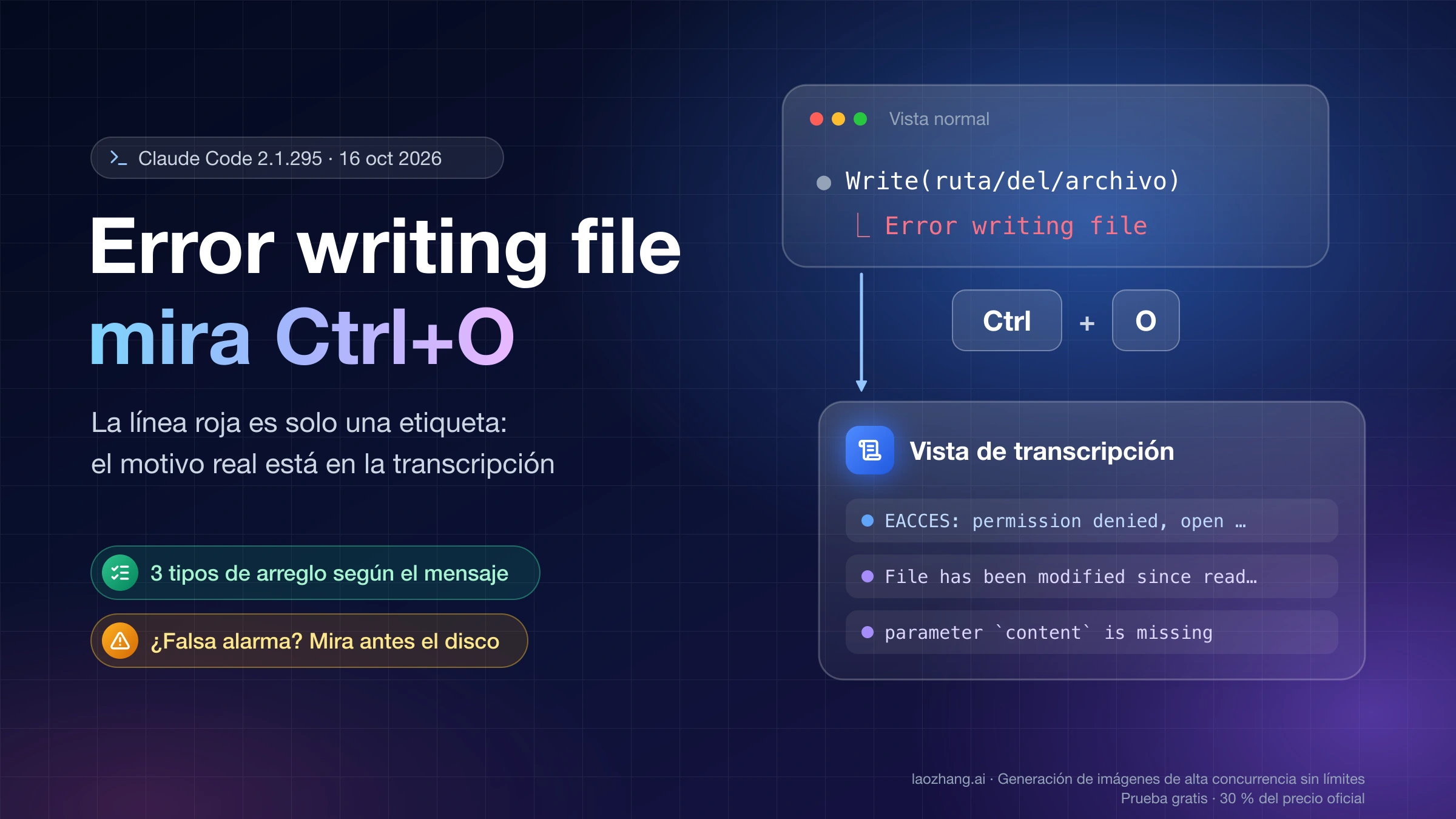 Línea roja Error writing file bajo Write en la vista normal de Claude Code y, tras pulsar Ctrl+O, los mensajes completos en la vista de transcripción
