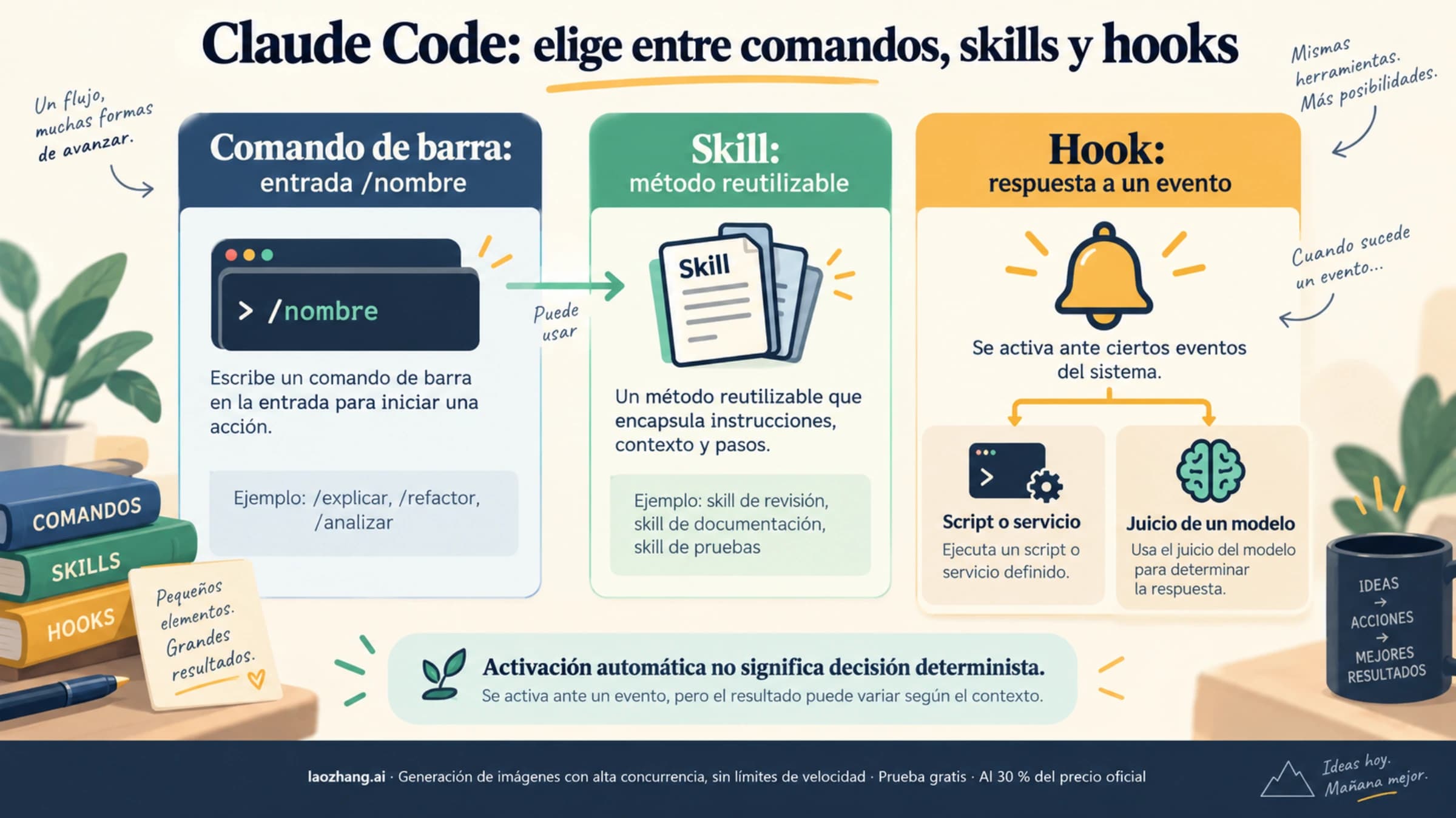 Relación entre entrada de barra, método de skill y respuesta a eventos mediante hooks de Claude Code