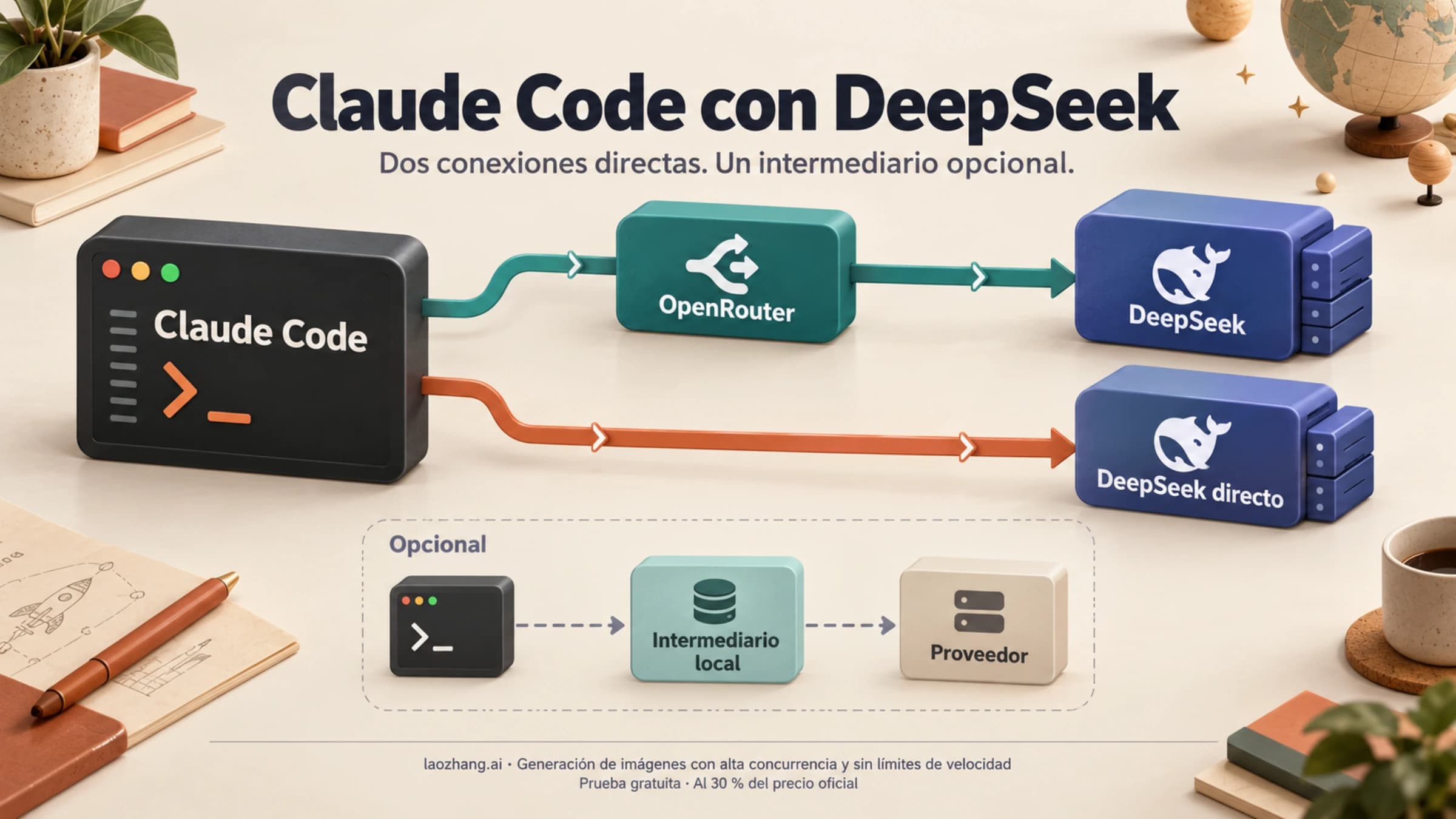 Conexiones de Claude Code con OpenRouter, DeepSeek directo y un intermediario local