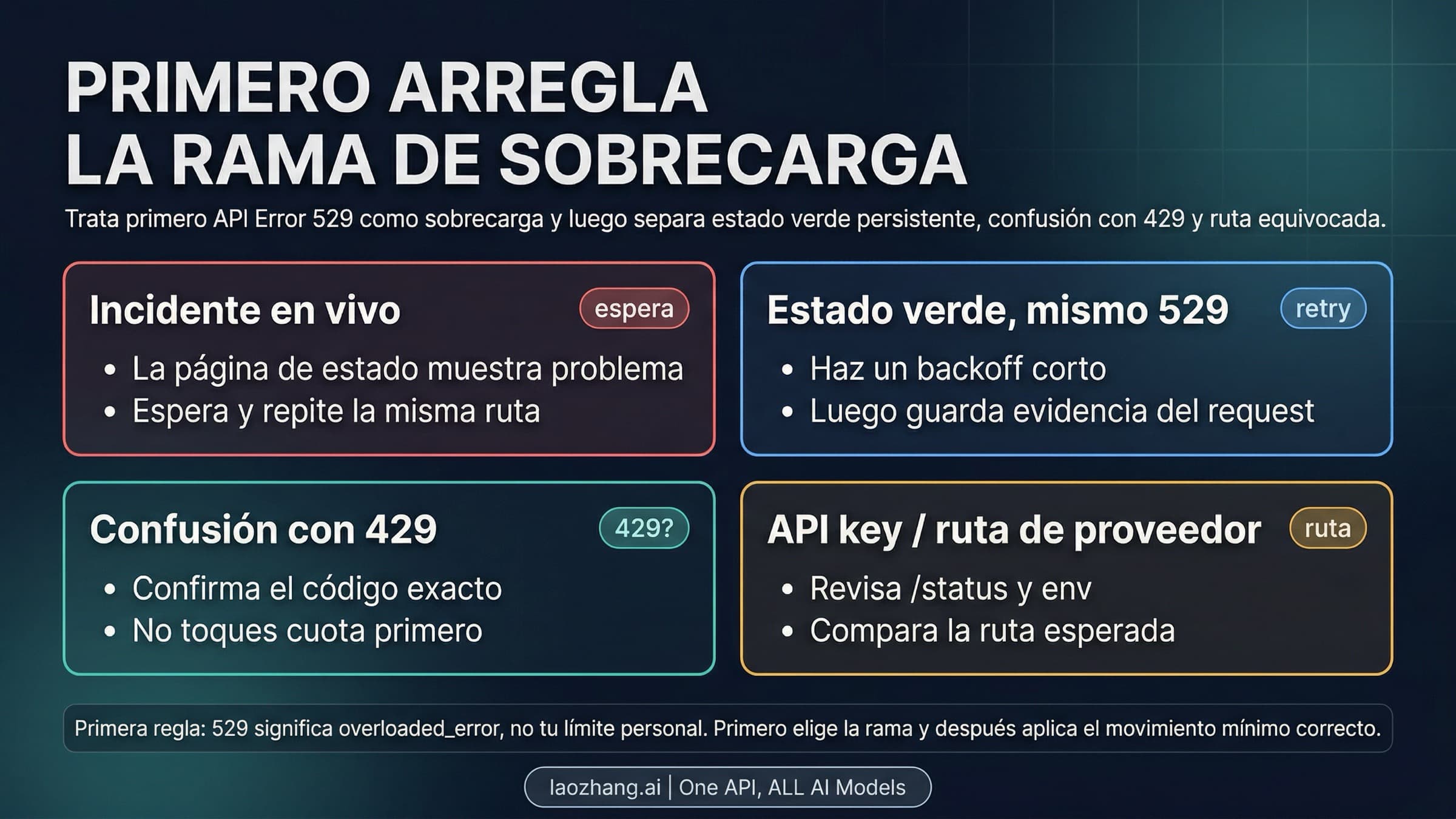 Tablero de rutas para Claude Code 529 overloaded error con correccion de 429, incident, green status y route check
