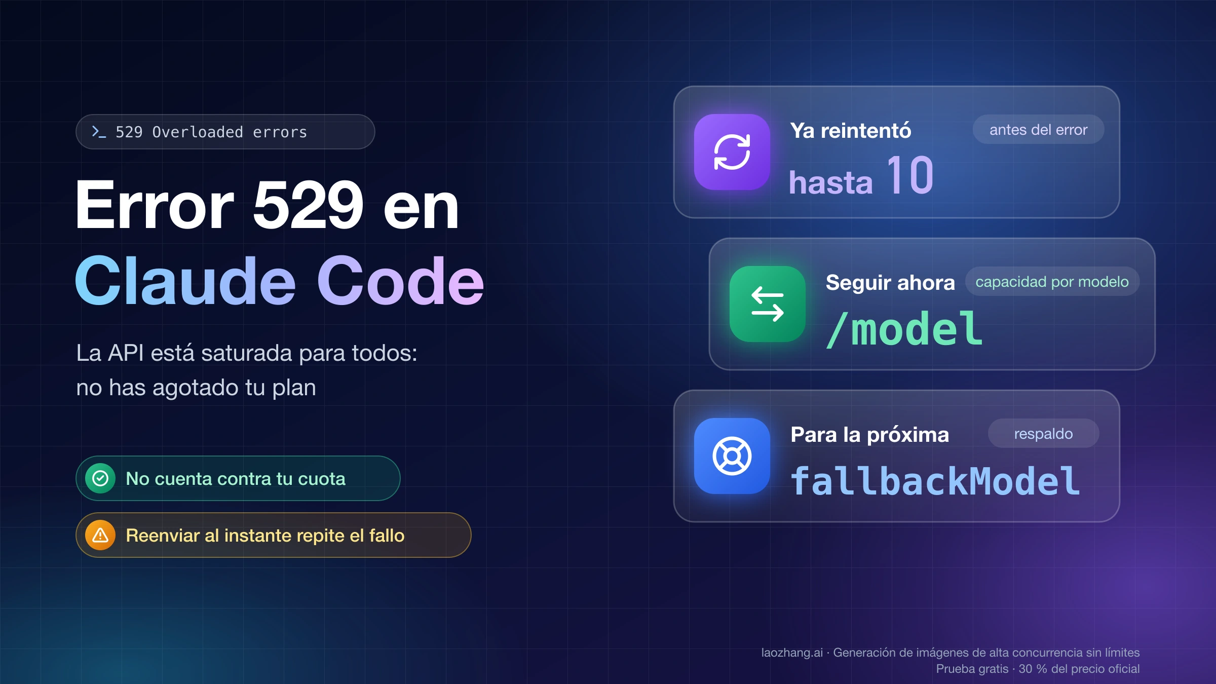 Error 529 en Claude Code: hasta 10 reintentos automáticos antes del aviso, /model para seguir ahora y fallbackModel para la próxima vez