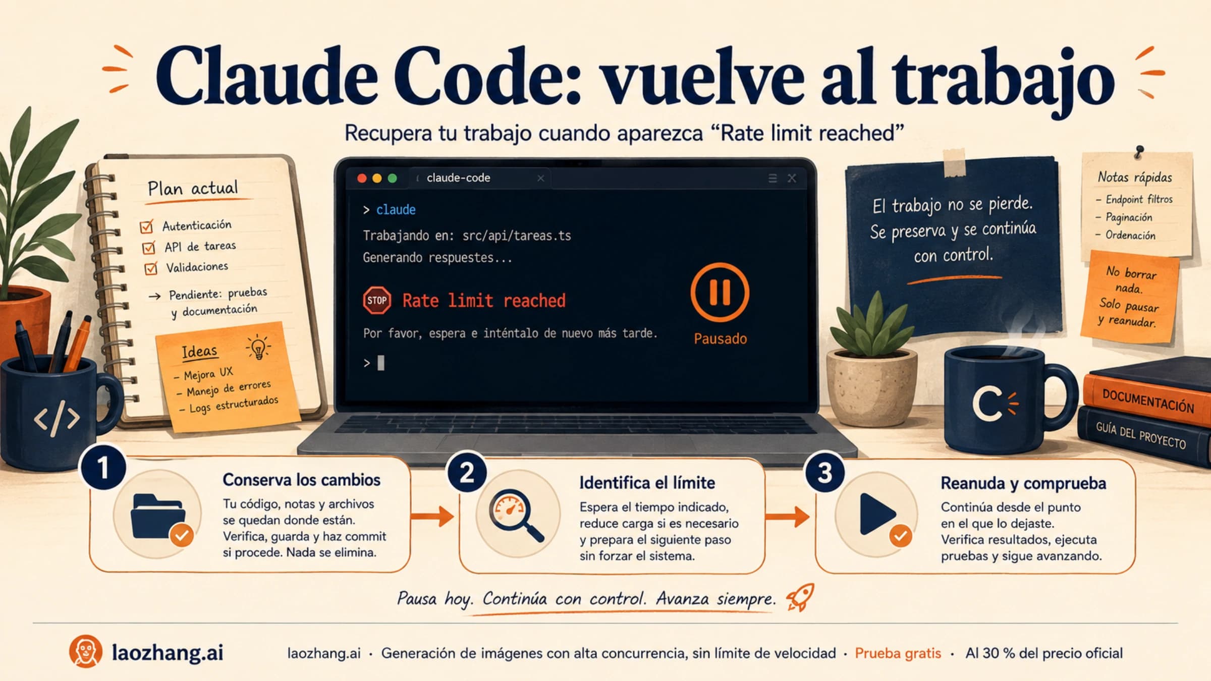 Pasos para conservar los cambios, identificar el límite y reanudar el trabajo en Claude Code