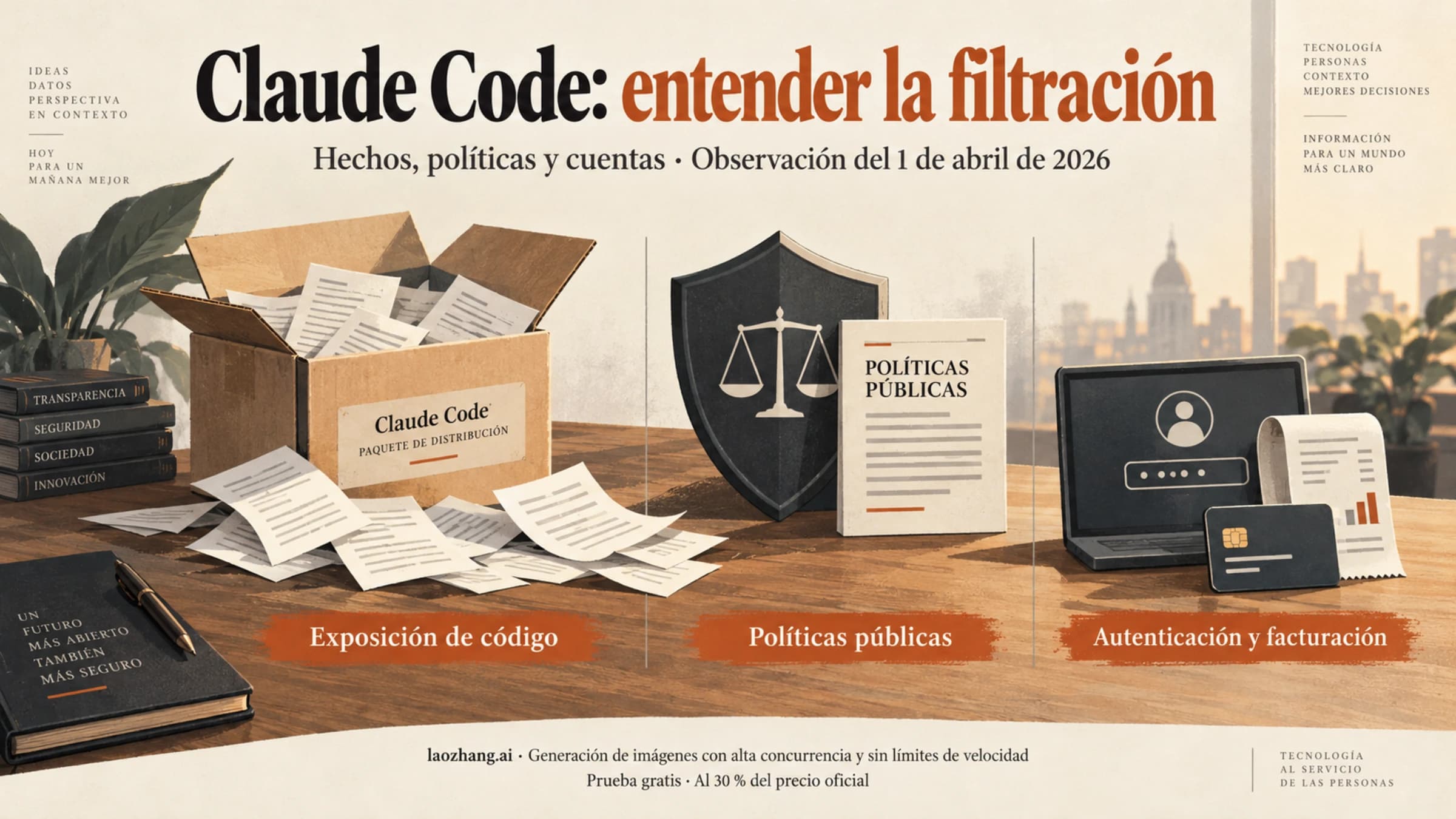 Ilustración de la filtración de Claude Code y sus distintas preguntas sobre políticas y cuentas